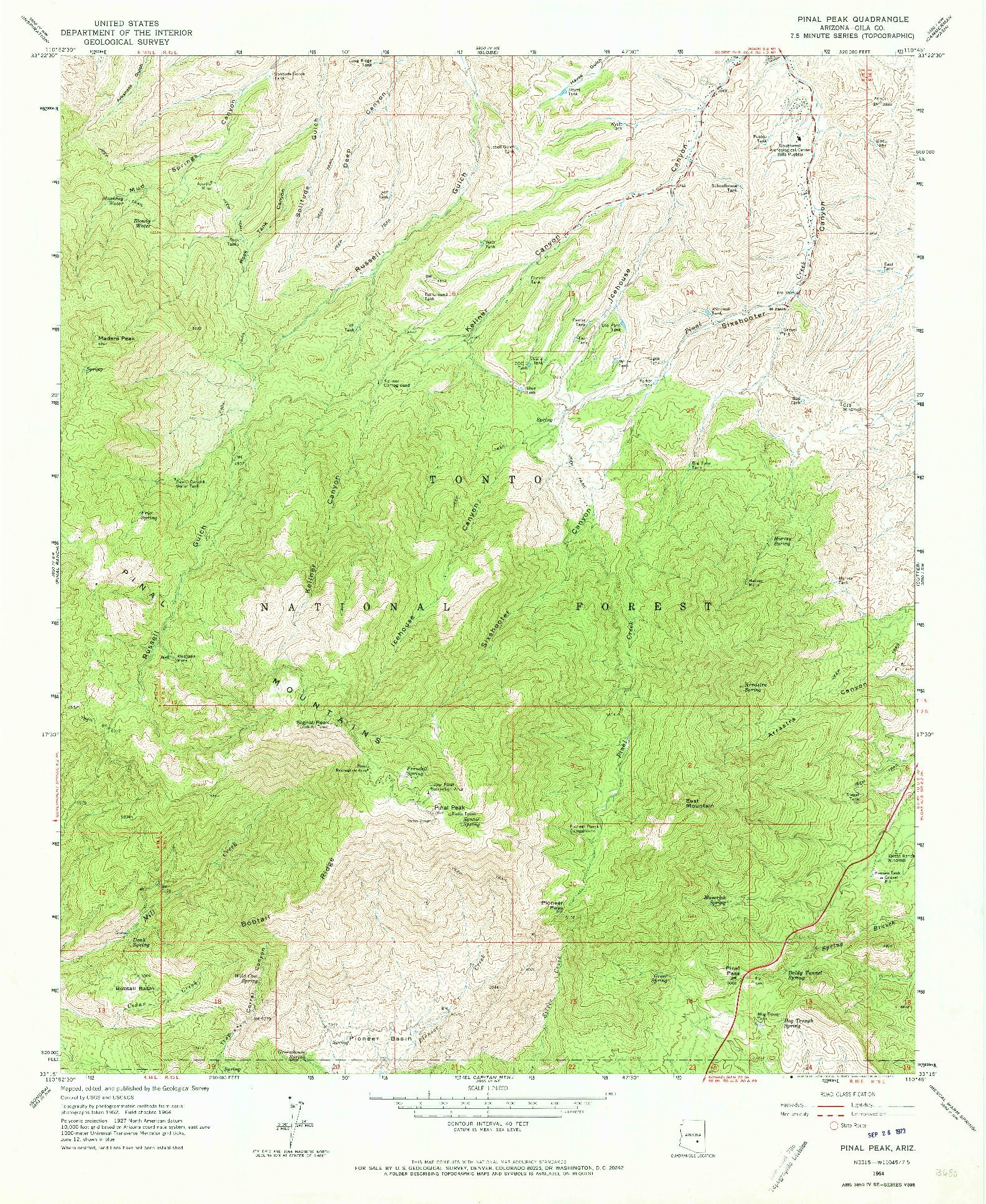 USGS 1:24000-SCALE QUADRANGLE FOR PINAL PEAK, AZ 1964