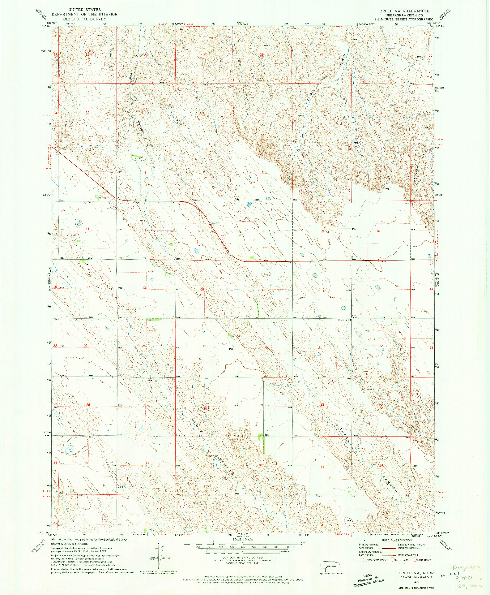 USGS 1:24000-SCALE QUADRANGLE FOR BRULE NW, NE 1971