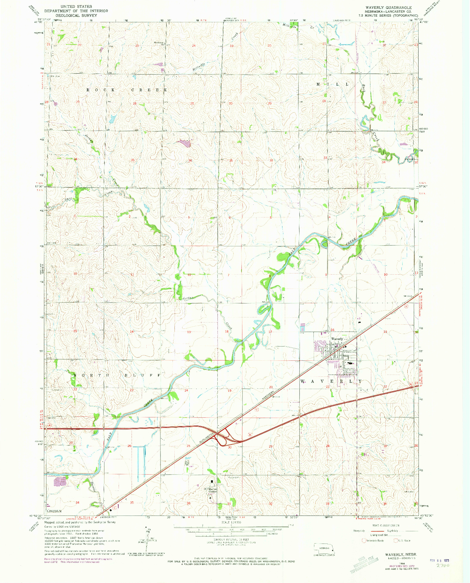 USGS 1:24000-SCALE QUADRANGLE FOR WAVERLY, NE 1964