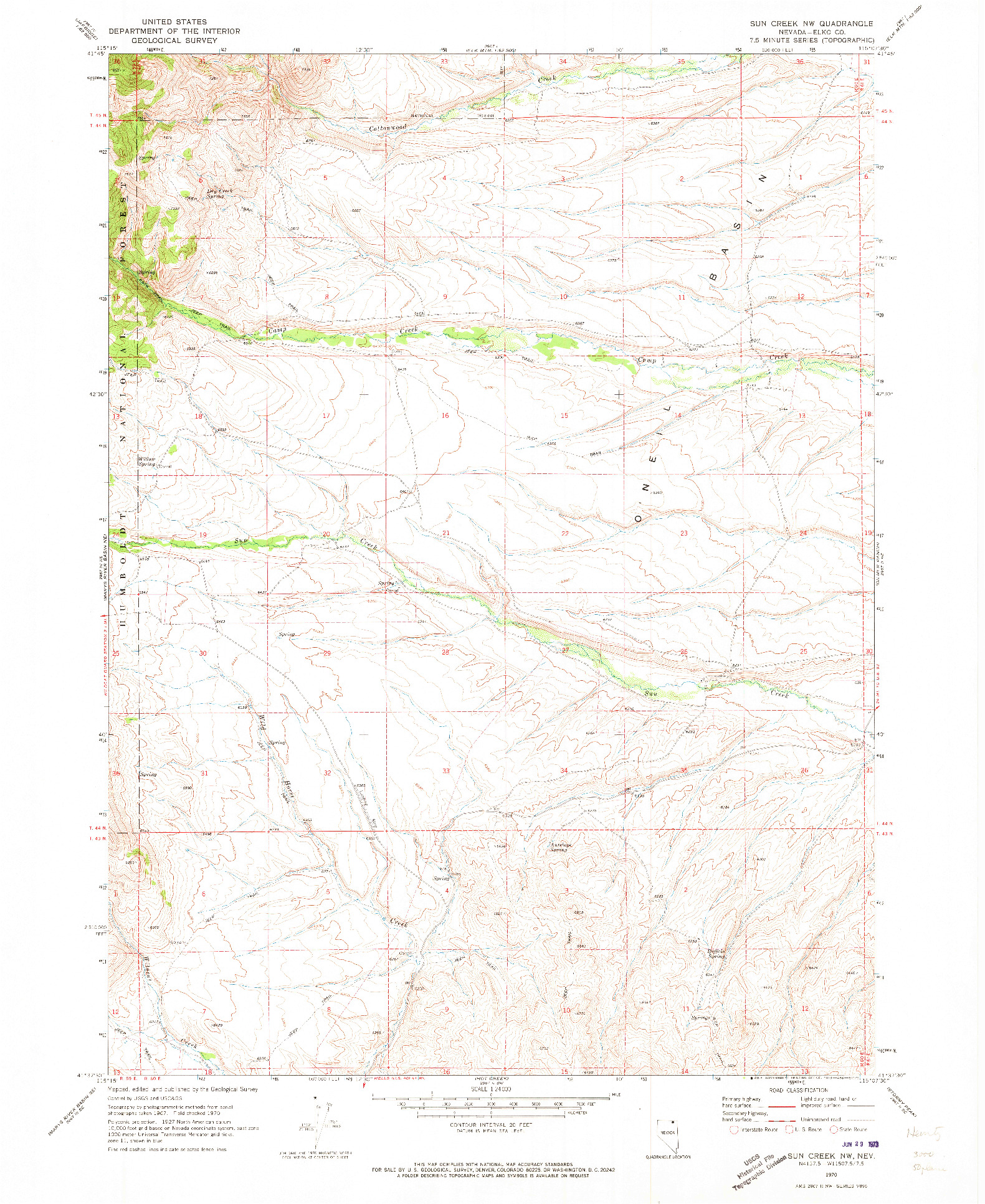 USGS 1:24000-SCALE QUADRANGLE FOR SUN CREEK NW, NV 1970