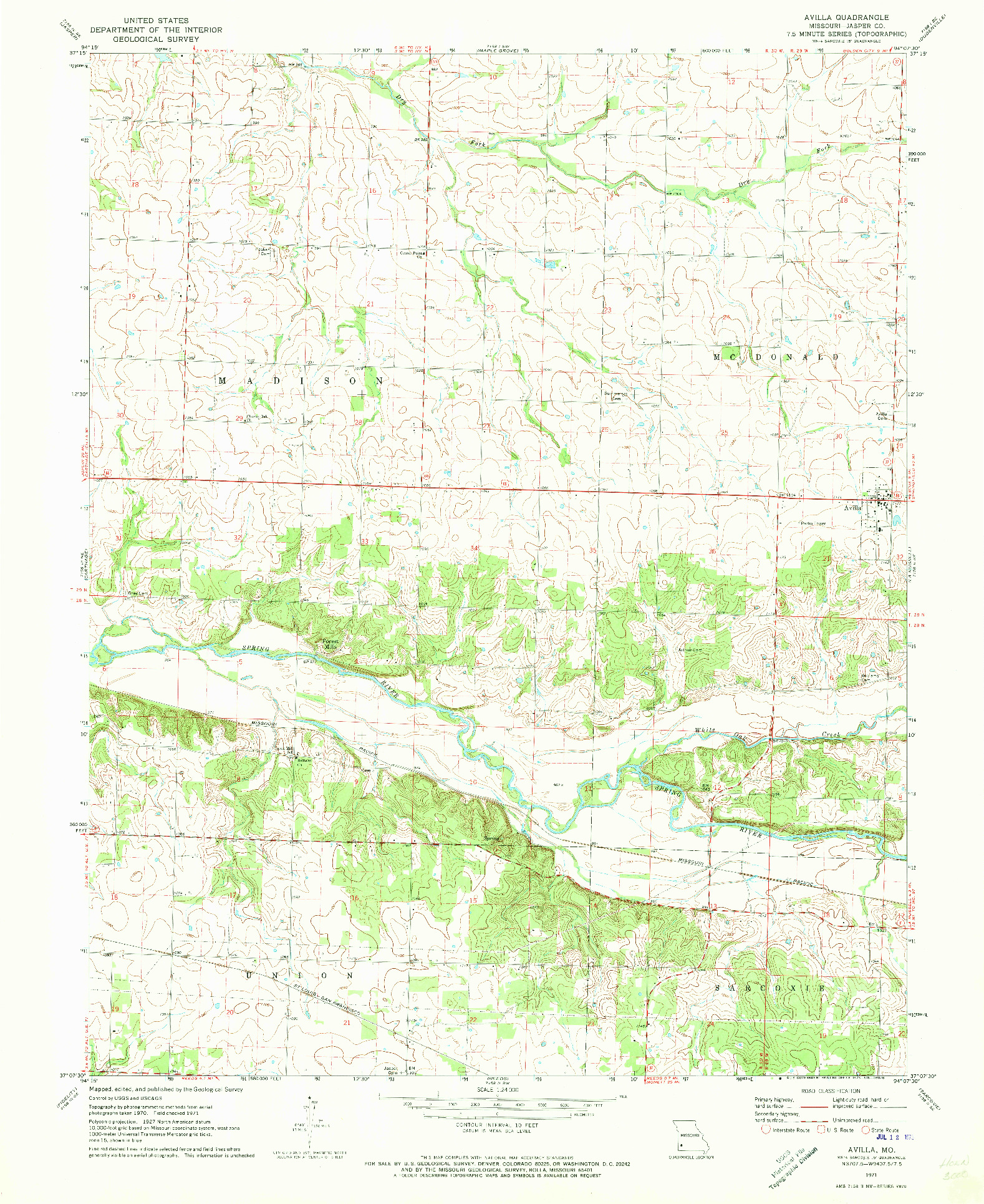 USGS 1:24000-SCALE QUADRANGLE FOR AVILLA, MO 1971