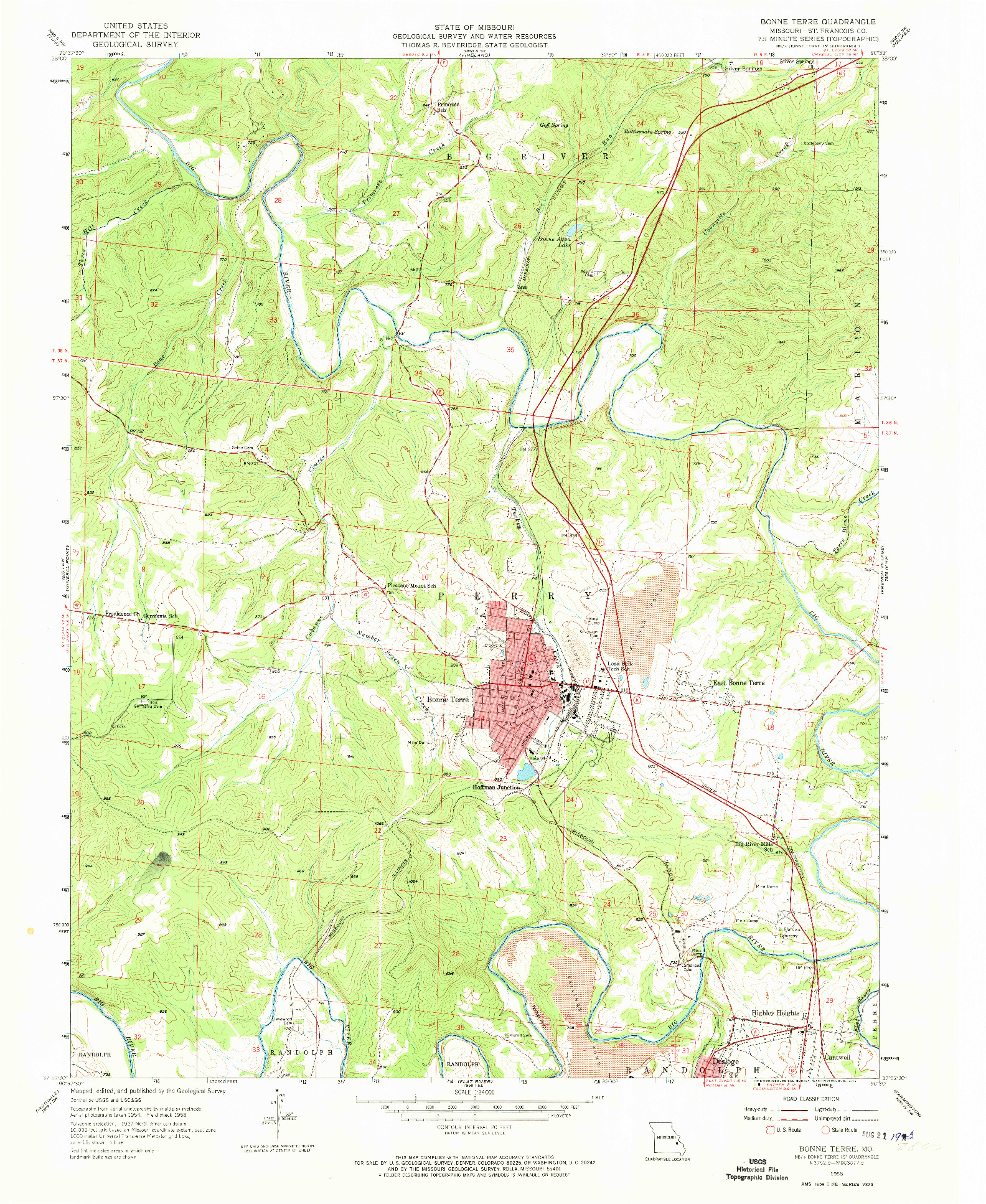 USGS 1:24000-SCALE QUADRANGLE FOR BONNE TERRE, MO 1958