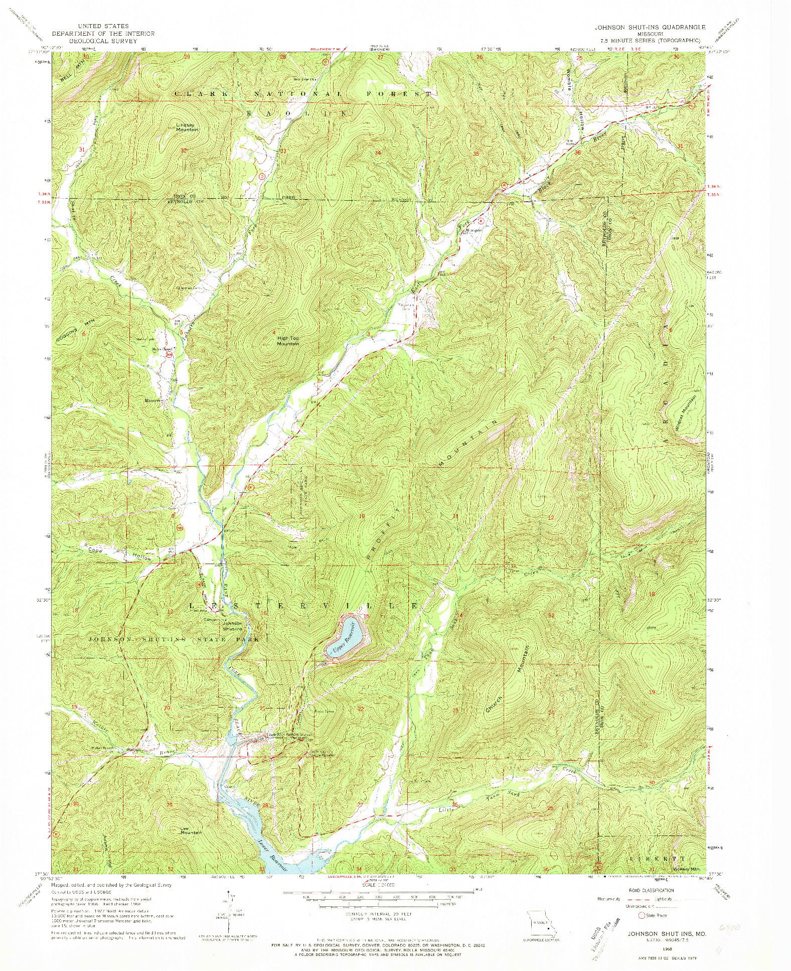 USGS 1:24000-SCALE QUADRANGLE FOR JOHNSON SHUT-INS, MO 1968