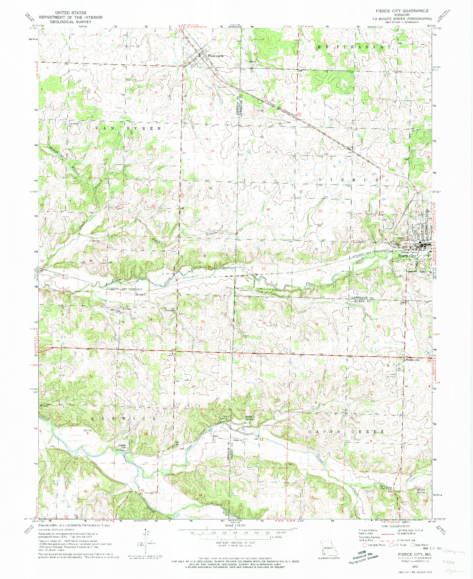 USGS 1:24000-SCALE QUADRANGLE FOR PIERCE CITY, MO 1972