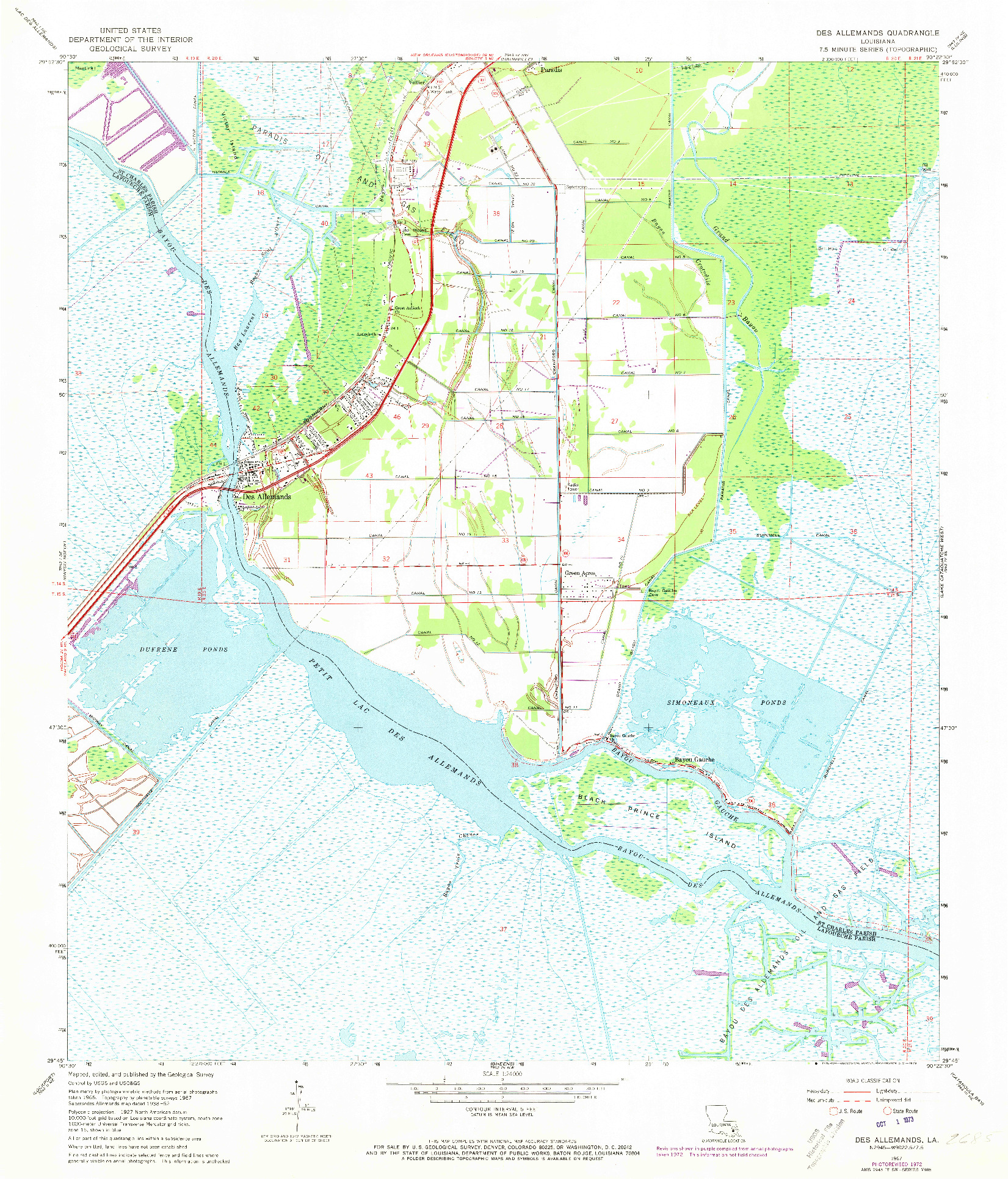 USGS 1:24000-SCALE QUADRANGLE FOR DES ALLEMANDS, LA 1967