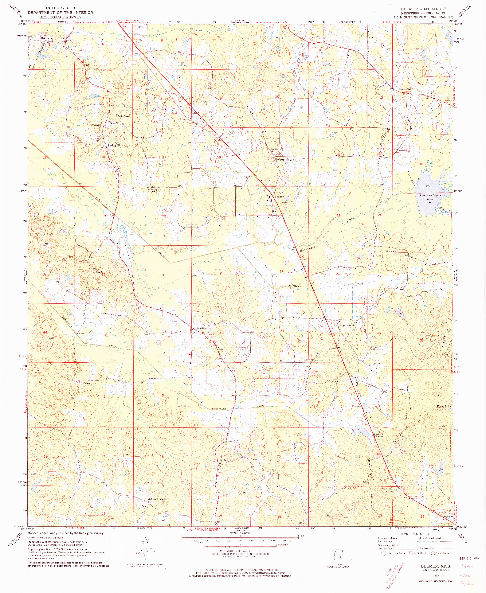 USGS 1:24000-SCALE QUADRANGLE FOR DEEMER, MS 1972