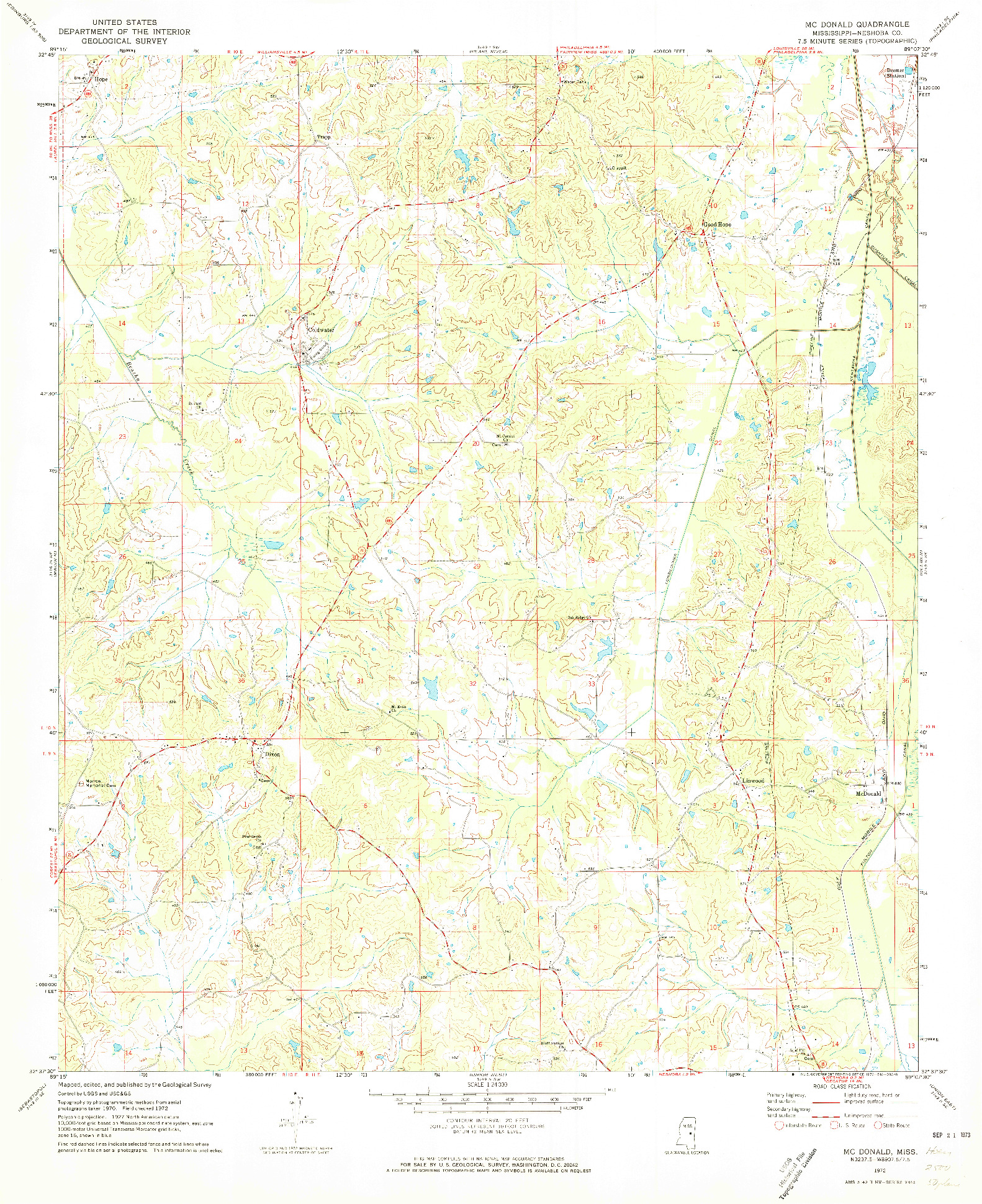 USGS 1:24000-SCALE QUADRANGLE FOR MCDONALD, MS 1972