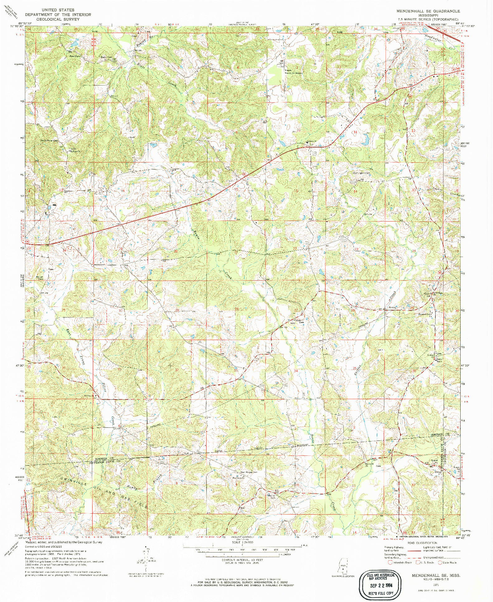 USGS 1:24000-SCALE QUADRANGLE FOR MENDENHALL SE, MS 1971