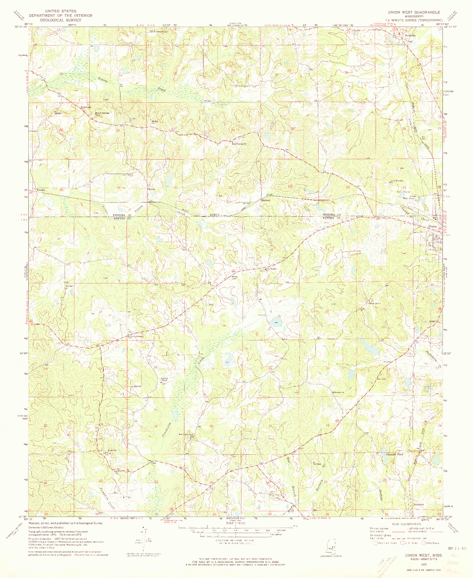 USGS 1:24000-SCALE QUADRANGLE FOR UNION WEST, MS 1972