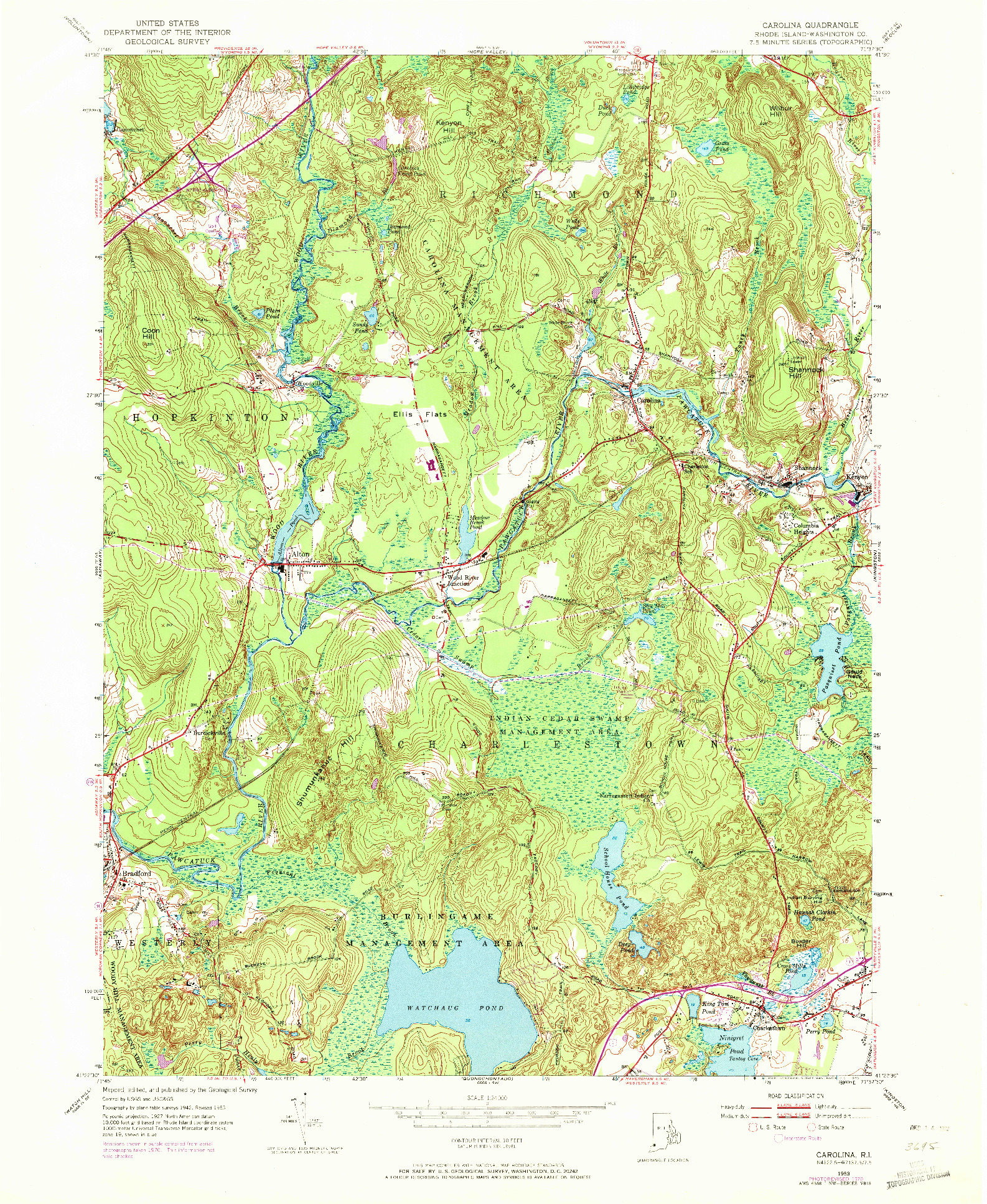 USGS 1:24000-SCALE QUADRANGLE FOR CAROLINA, RI 1953