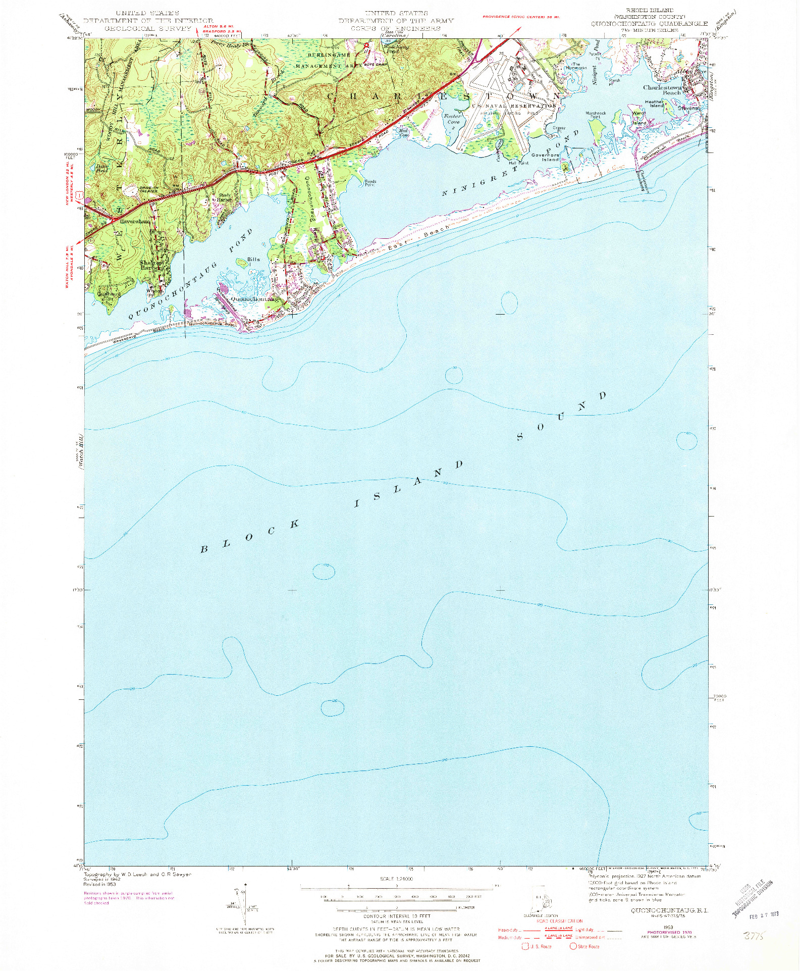 USGS 1:24000-SCALE QUADRANGLE FOR QUONOCHONTAUG, RI 1953