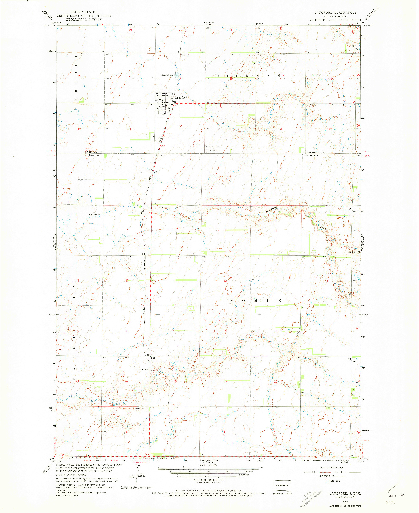 USGS 1:24000-SCALE QUADRANGLE FOR LANGFORD, SD 1958