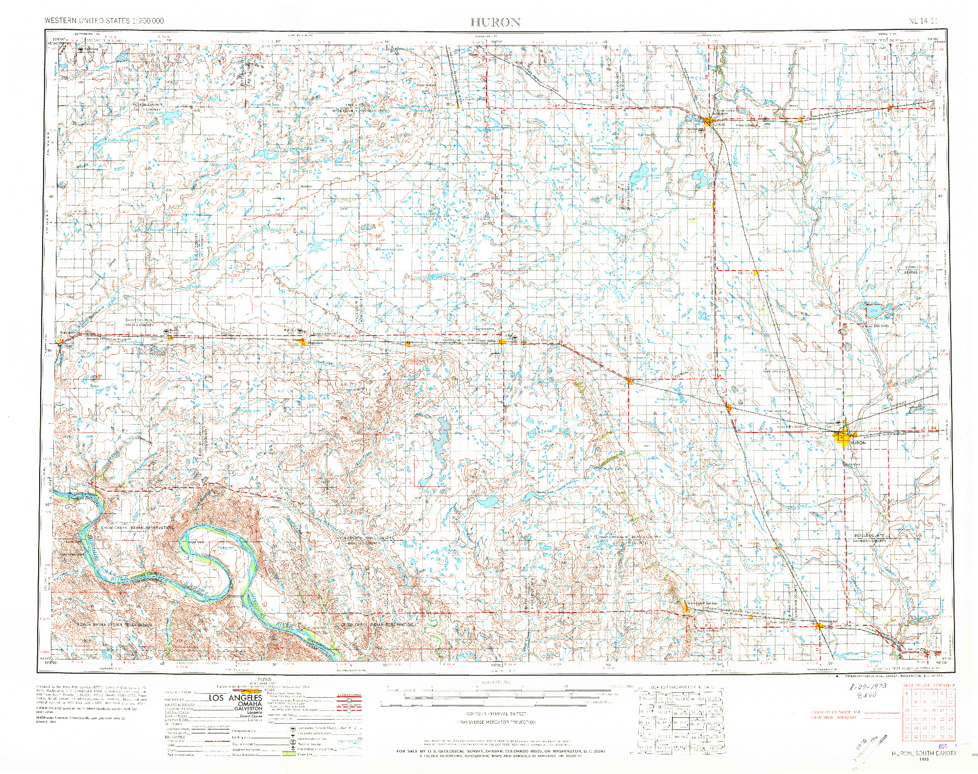 USGS 1:250000-SCALE QUADRANGLE FOR HURON, SD 1953