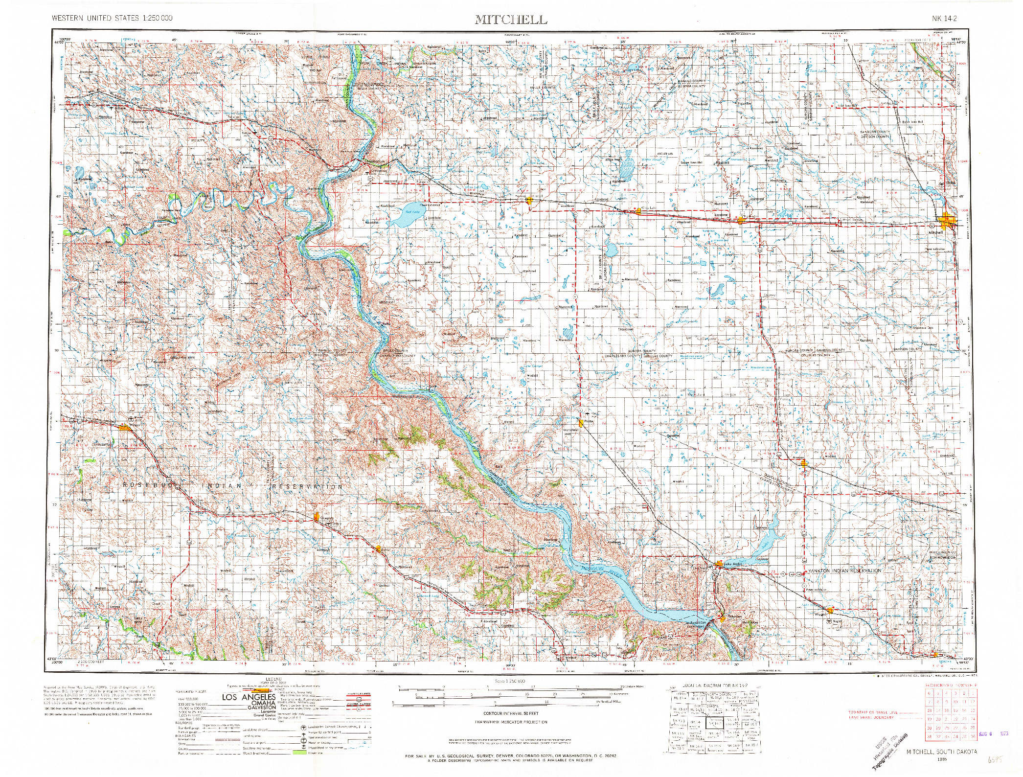 USGS 1:250000-SCALE QUADRANGLE FOR MITCHELL, SD 1955