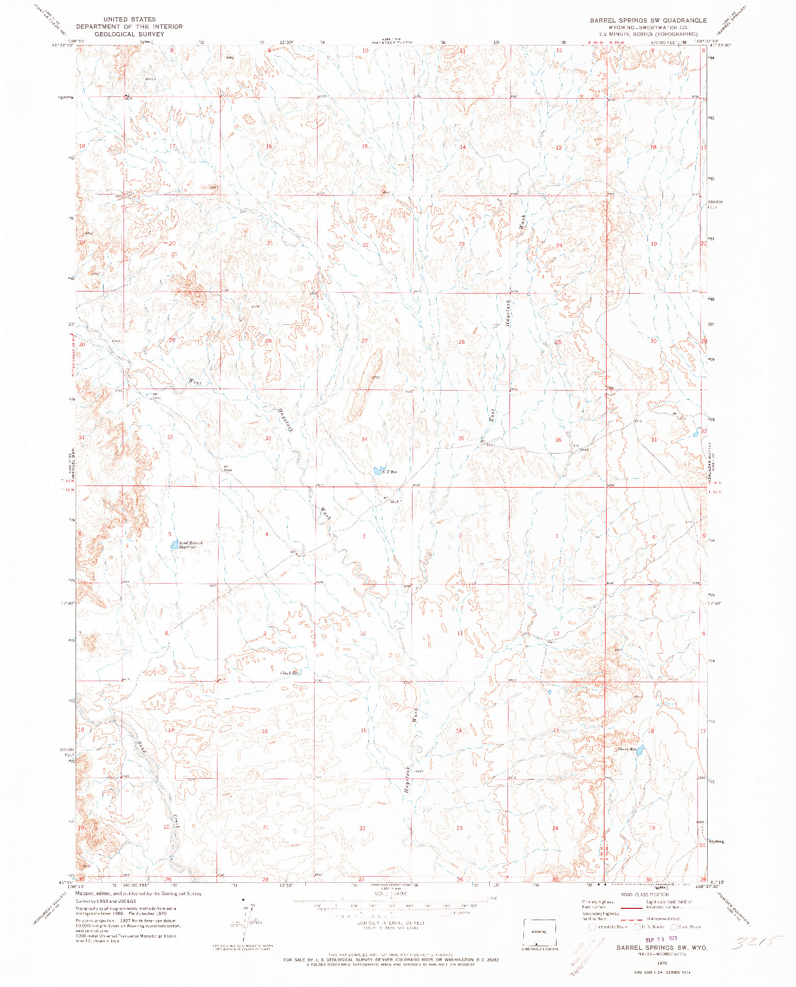 USGS 1:24000-SCALE QUADRANGLE FOR BARREL SPRINGS SW, WY 1970