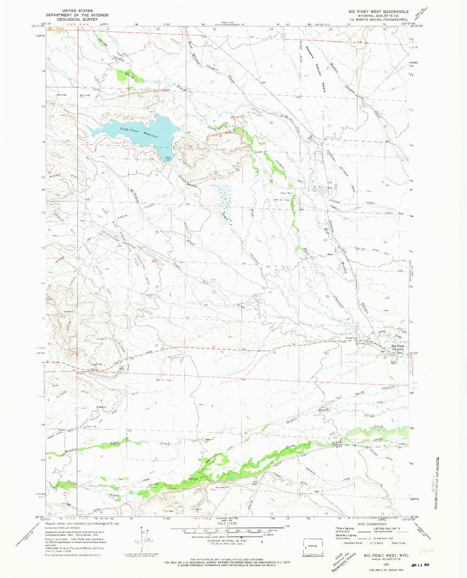 USGS 1:24000-SCALE QUADRANGLE FOR BIG PINEY WEST, WY 1970