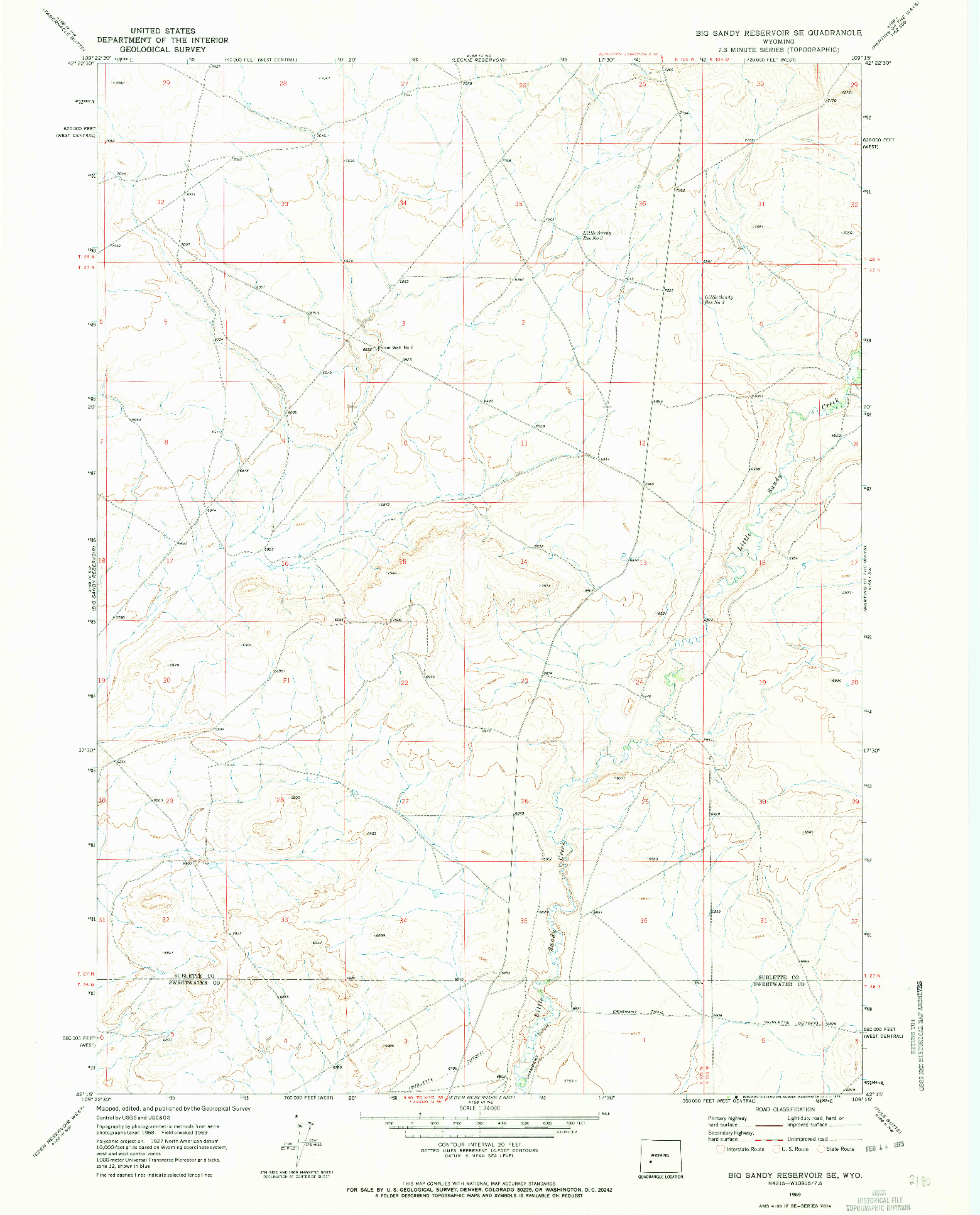 USGS 1:24000-SCALE QUADRANGLE FOR BIG SANDY RESERVOIR SE, WY 1969