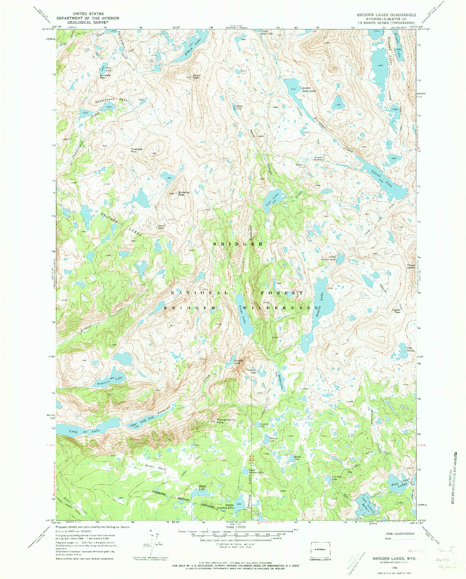 USGS 1:24000-SCALE QUADRANGLE FOR BRIDGER LAKES, WY 1968