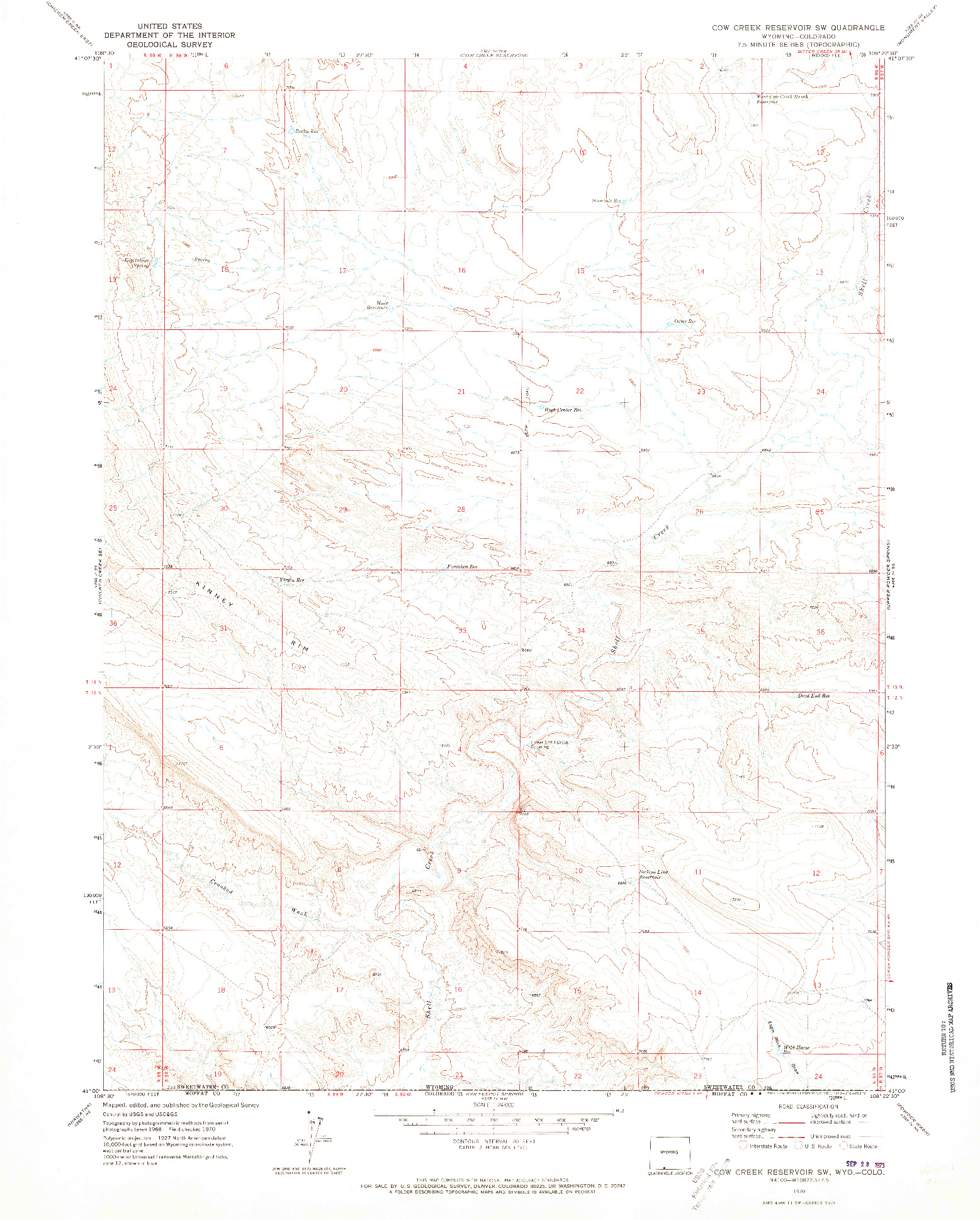 USGS 1:24000-SCALE QUADRANGLE FOR COW CREEK RESERVOIR SW, WY 1970
