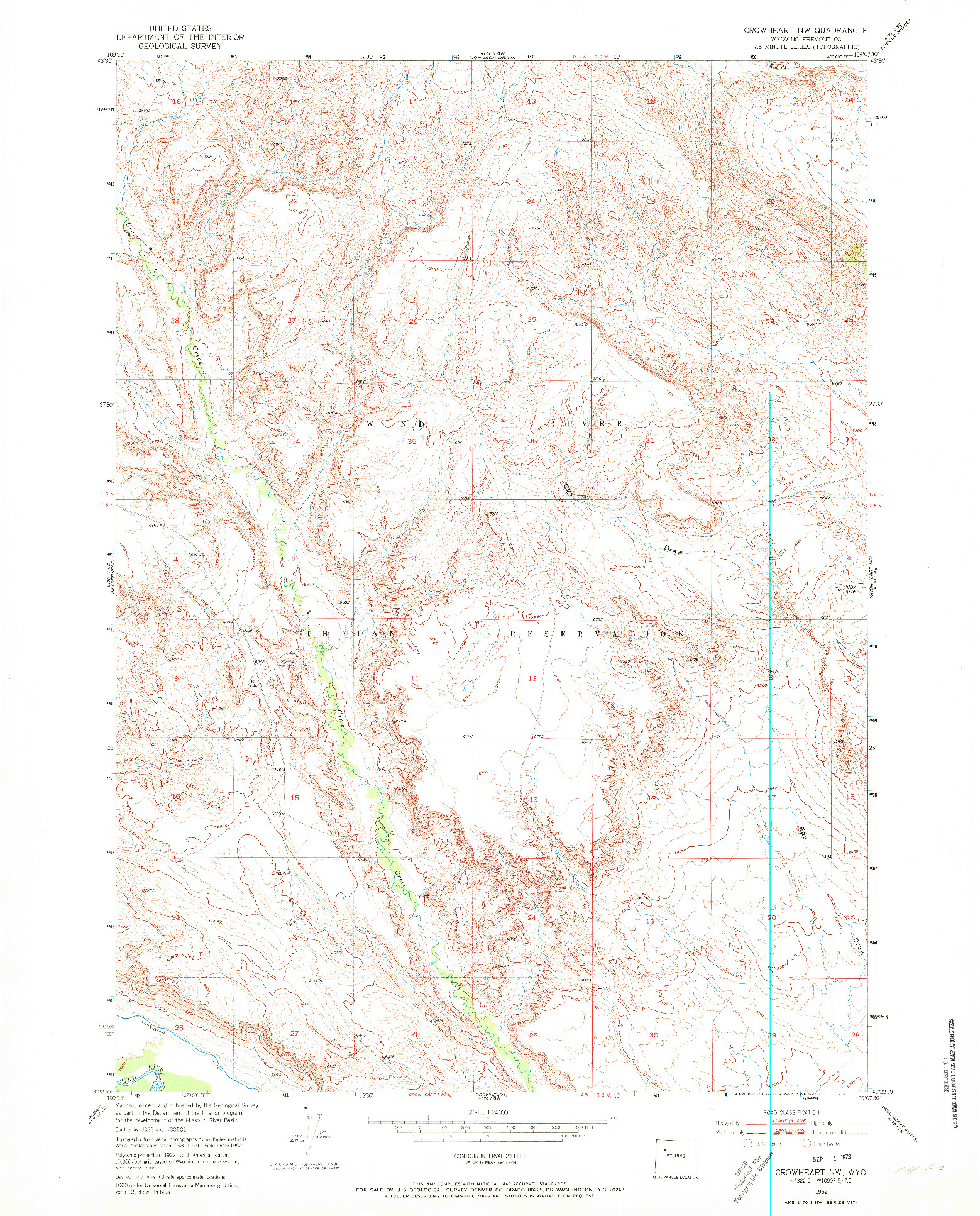 USGS 1:24000-SCALE QUADRANGLE FOR CROWHEART NW, WY 1952