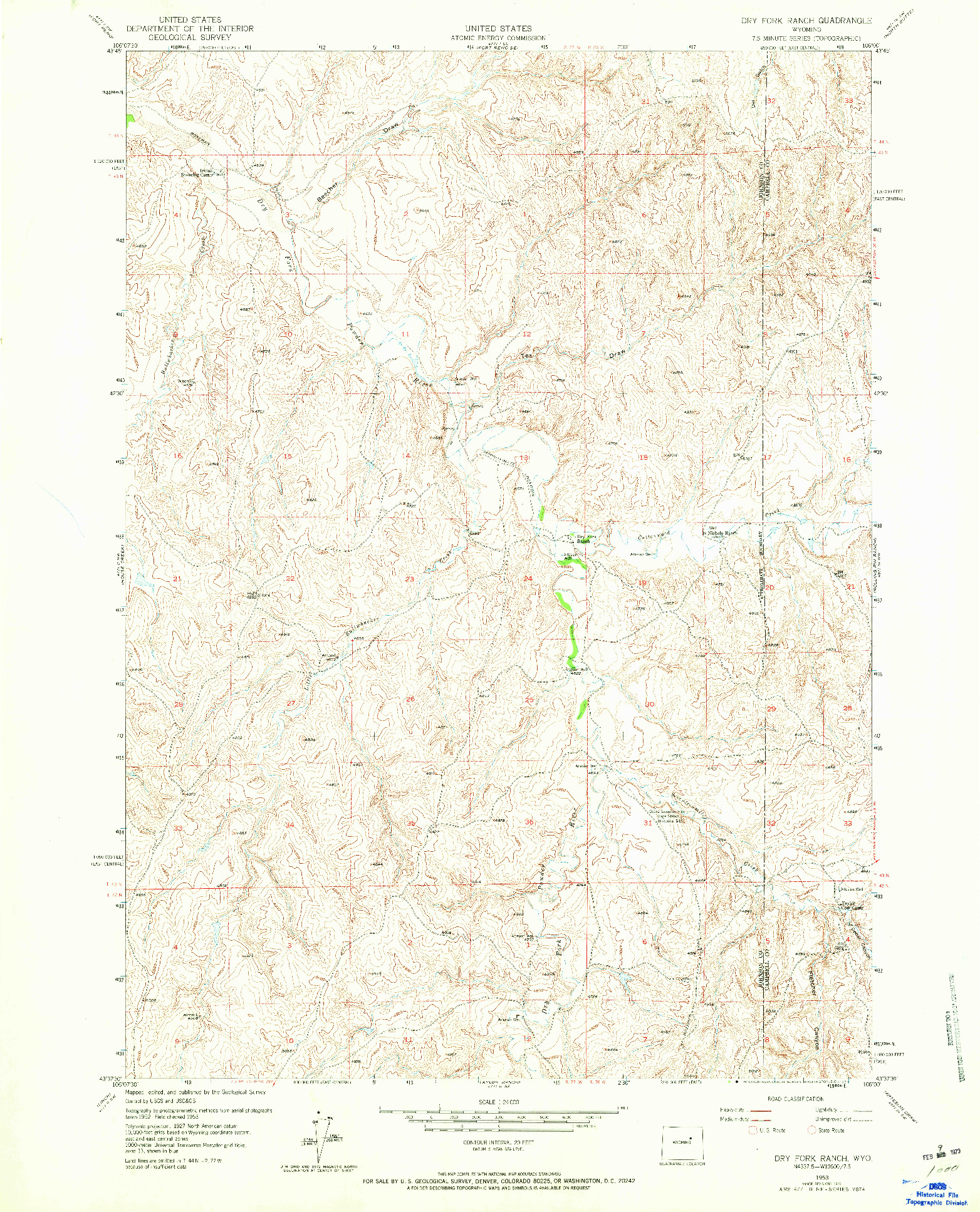 USGS 1:24000-SCALE QUADRANGLE FOR DRY FORK RANCH, WY 1953