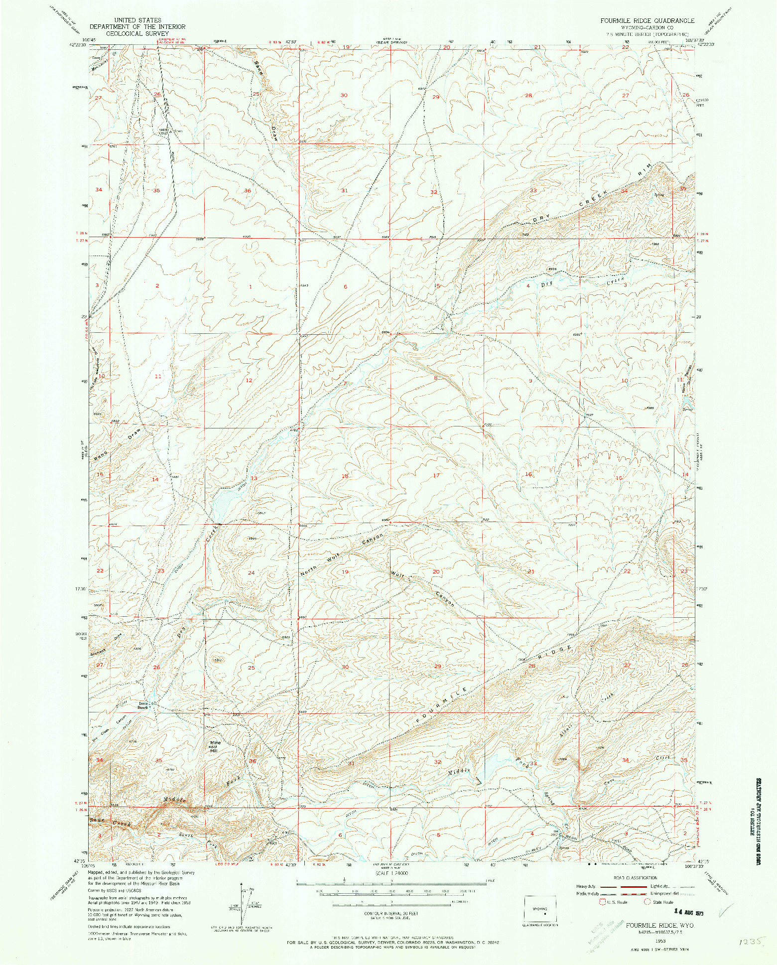 USGS 1:24000-SCALE QUADRANGLE FOR FOURMILE RIDGE, WY 1953