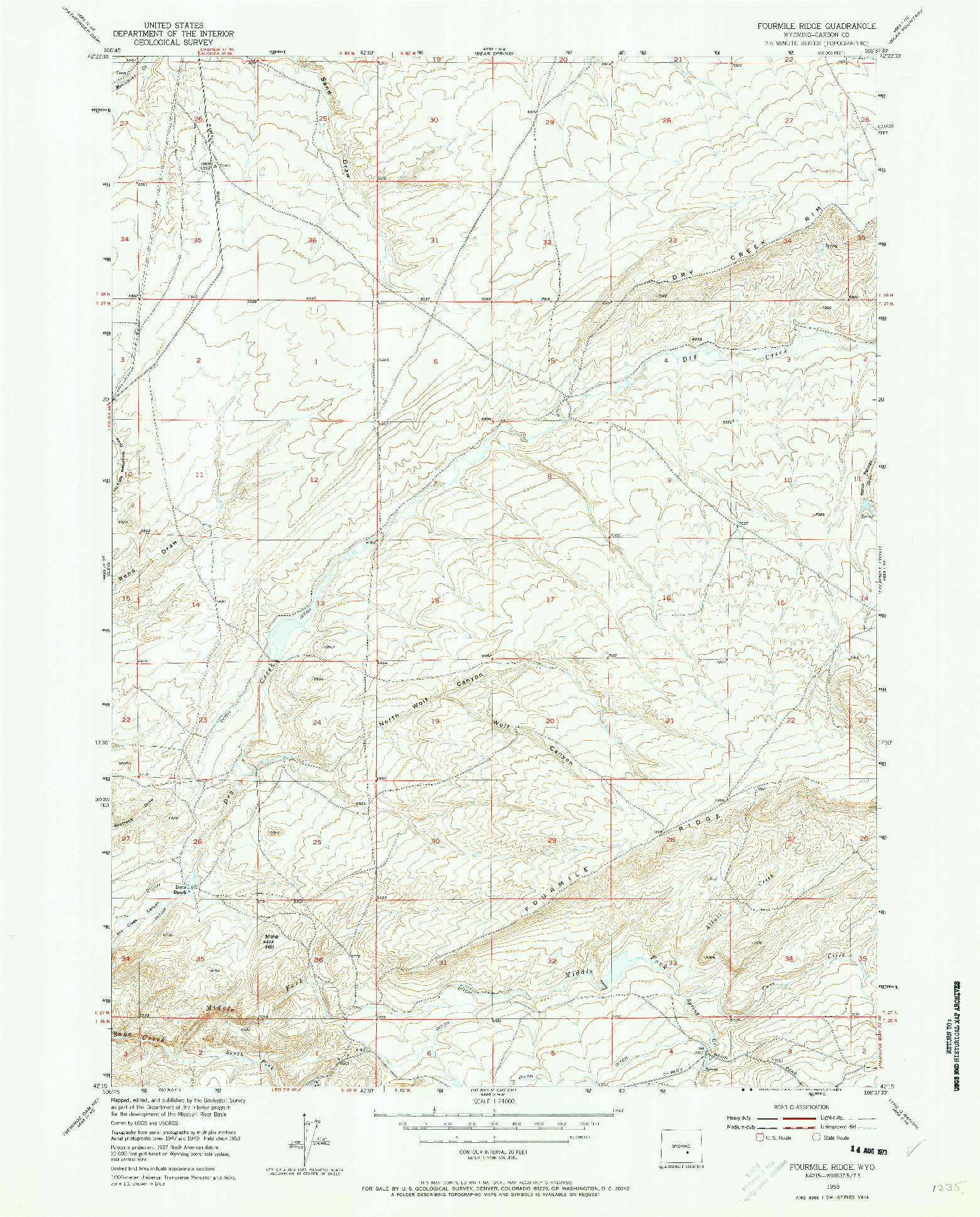USGS 1:24000-SCALE QUADRANGLE FOR FOURMILE RIDGE, WY 1953