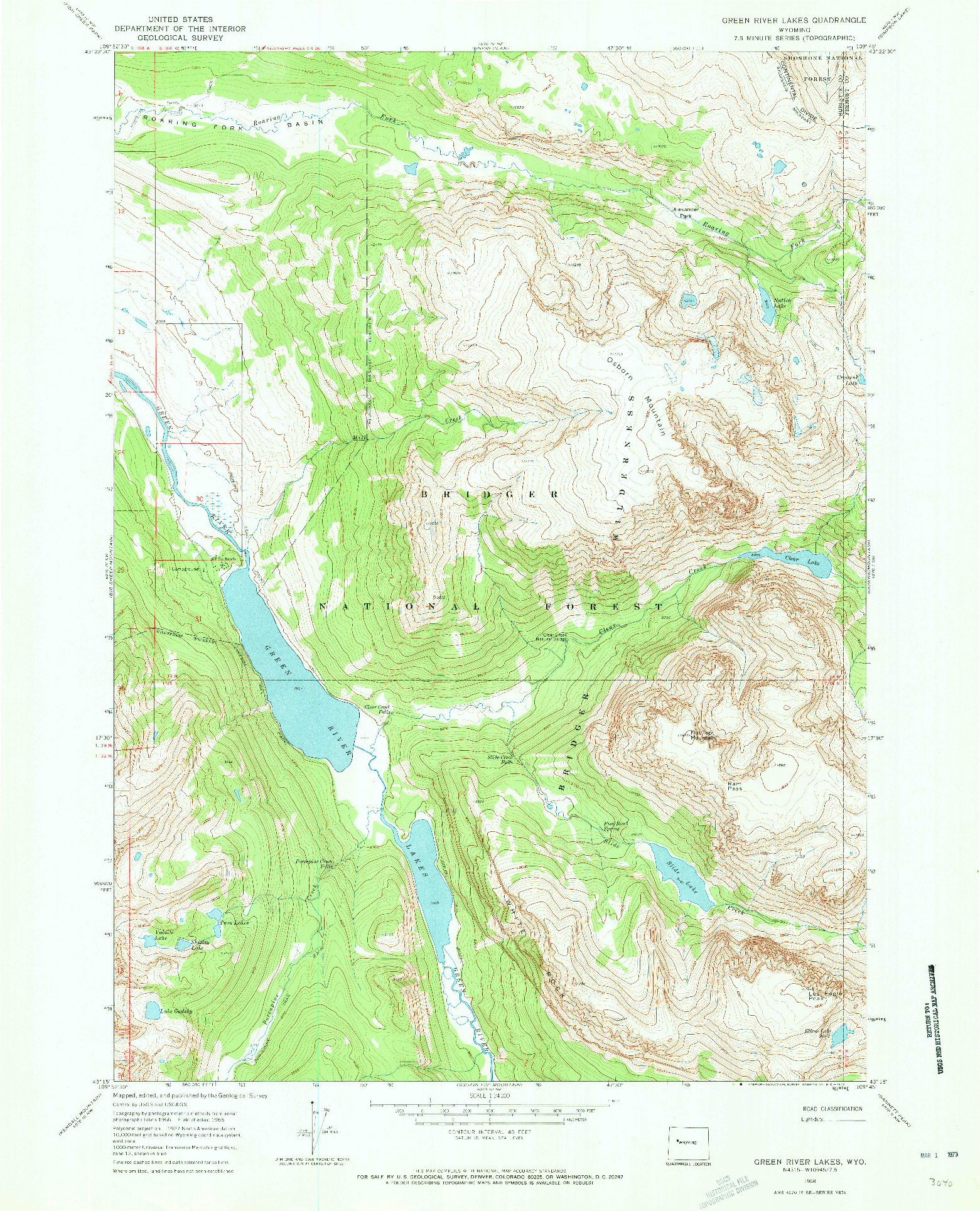 USGS 1:24000-SCALE QUADRANGLE FOR GREEN RIVER LAKES, WY 1968