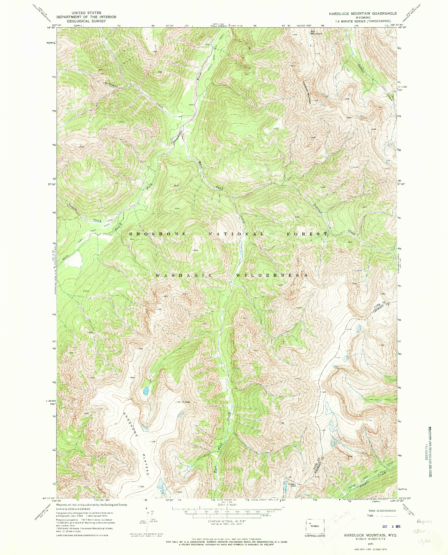 USGS 1:24000-SCALE QUADRANGLE FOR HARDLUCK MOUNTAIN, WY 1970