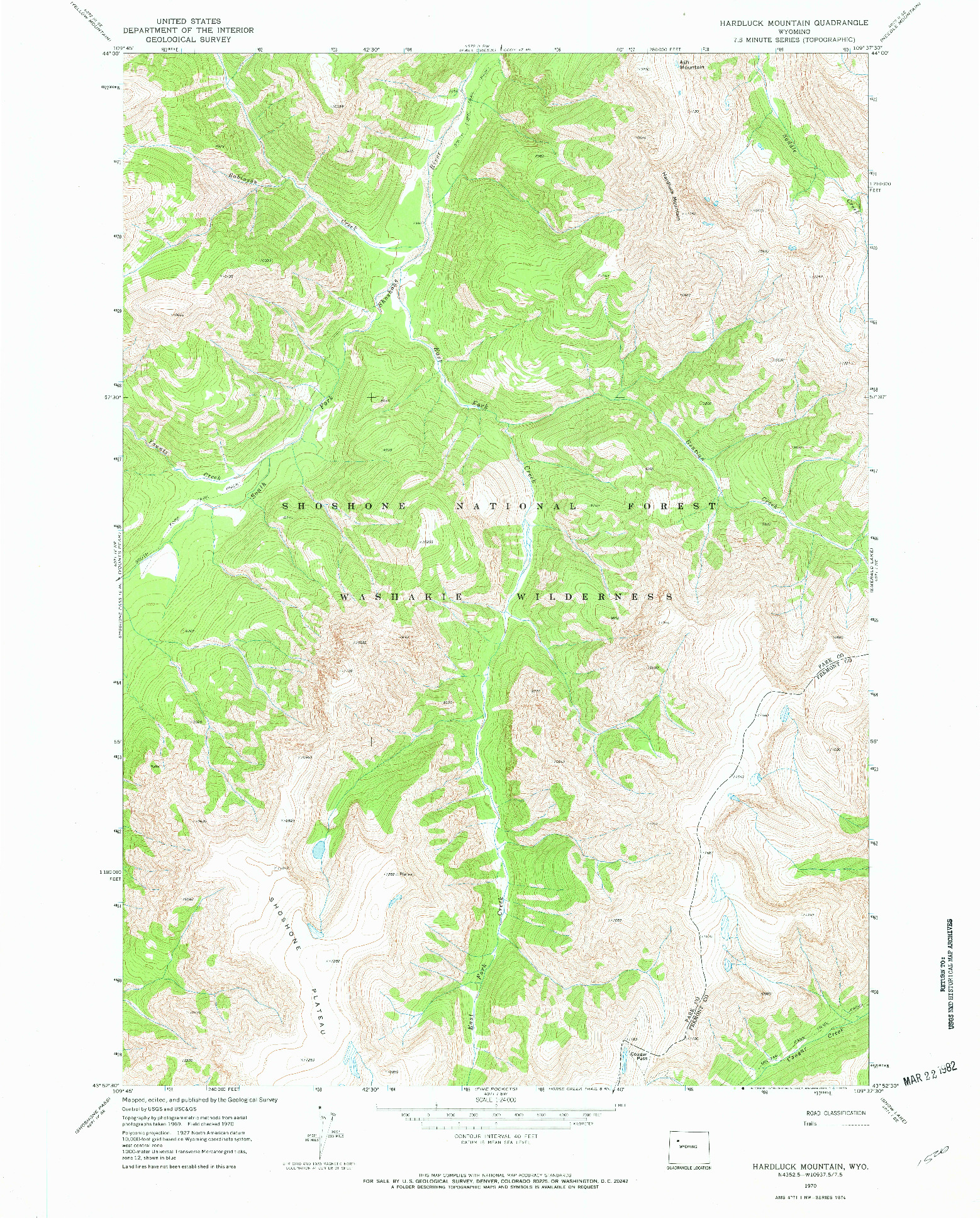 USGS 1:24000-SCALE QUADRANGLE FOR HARDLUCK MOUNTAIN, WY 1970