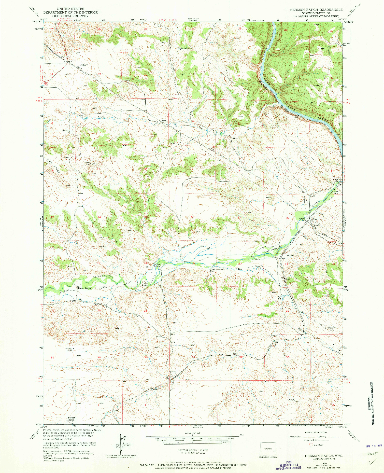 USGS 1:24000-SCALE QUADRANGLE FOR HERMAN RANCH, WY 1950
