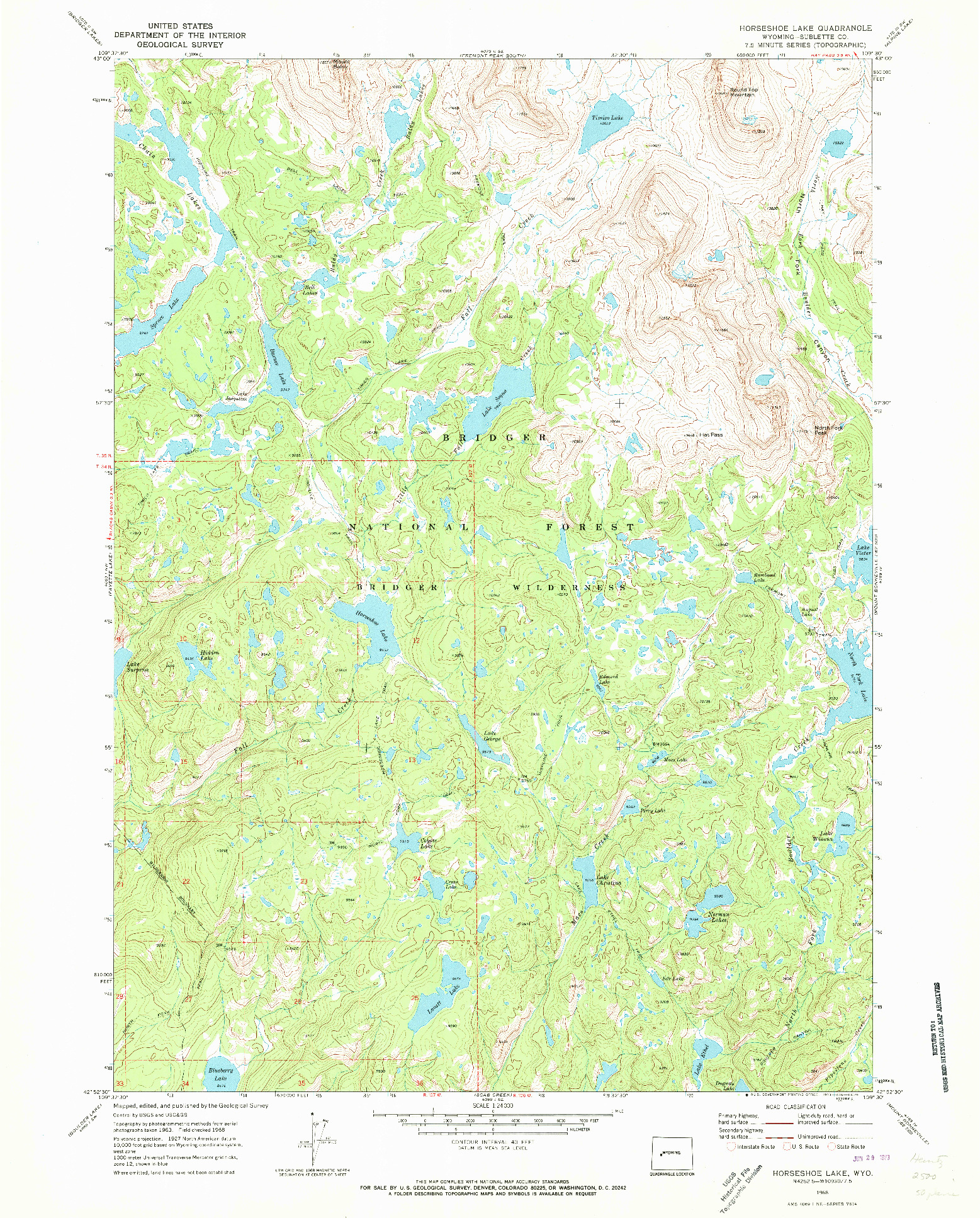 USGS 1:24000-SCALE QUADRANGLE FOR HORSESHOE LAKE, WY 1968