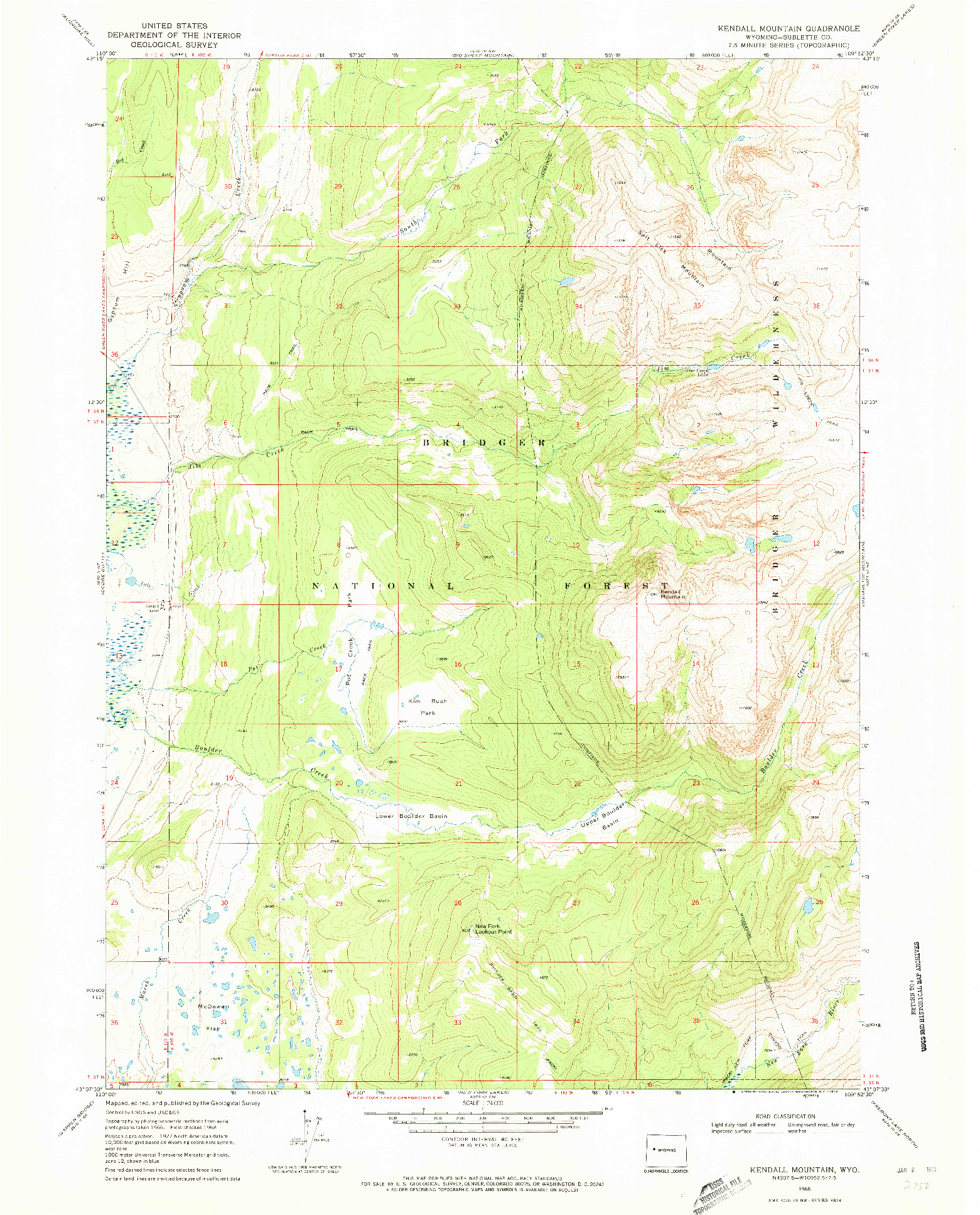 USGS 1:24000-SCALE QUADRANGLE FOR KENDALL MOUNTAIN, WY 1968