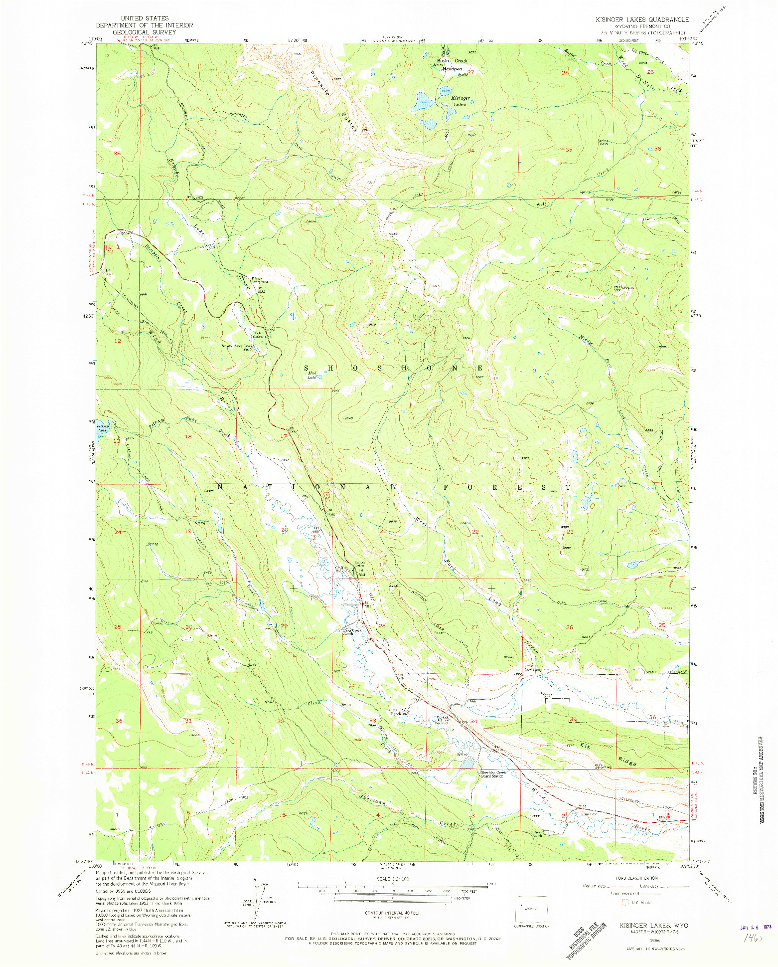 USGS 1:24000-SCALE QUADRANGLE FOR KISINGER LAKES, WY 1956