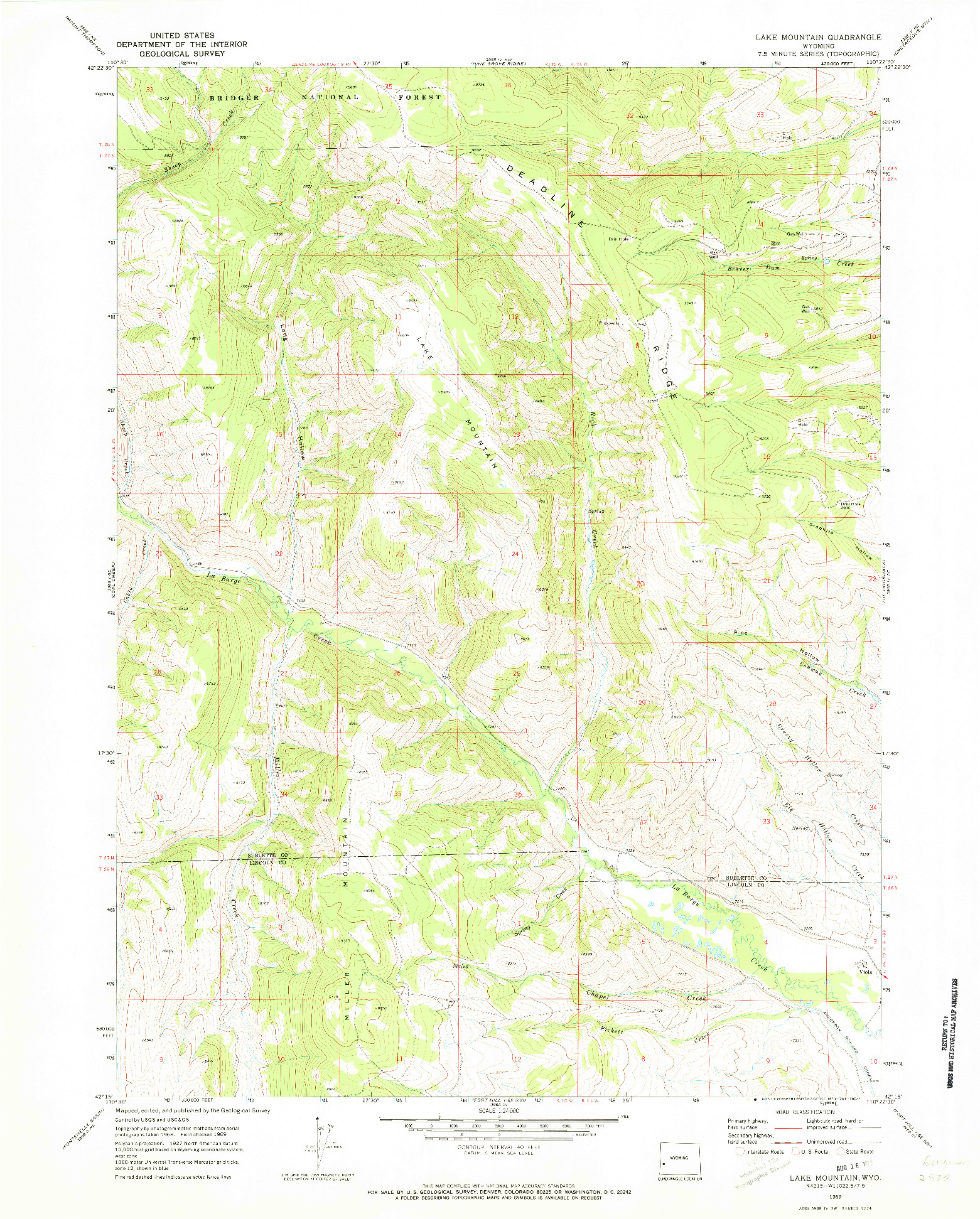 USGS 1:24000-SCALE QUADRANGLE FOR LAKE MOUNTAIN, WY 1969
