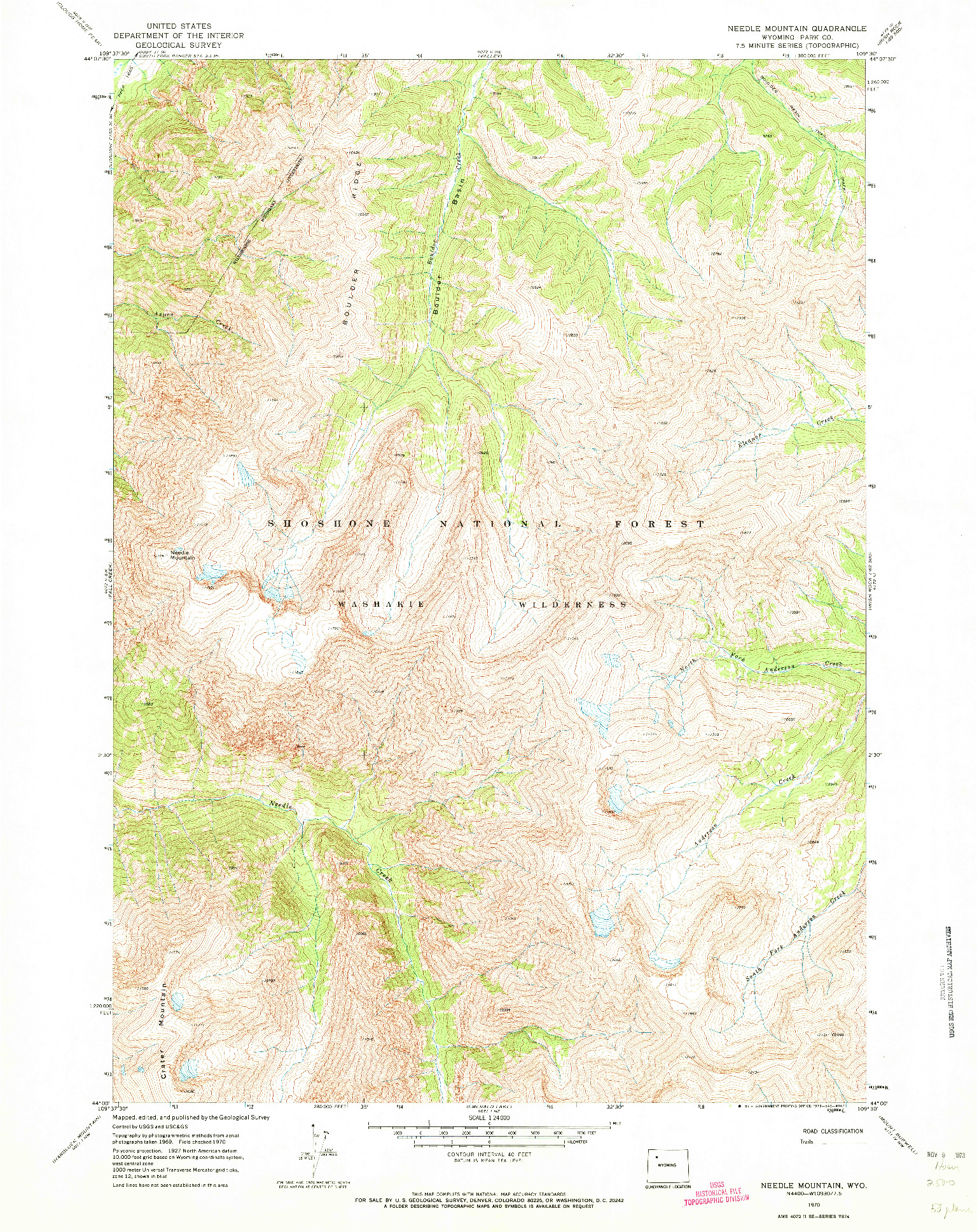 USGS 1:24000-SCALE QUADRANGLE FOR NEEDLE MOUNTAIN, WY 1970