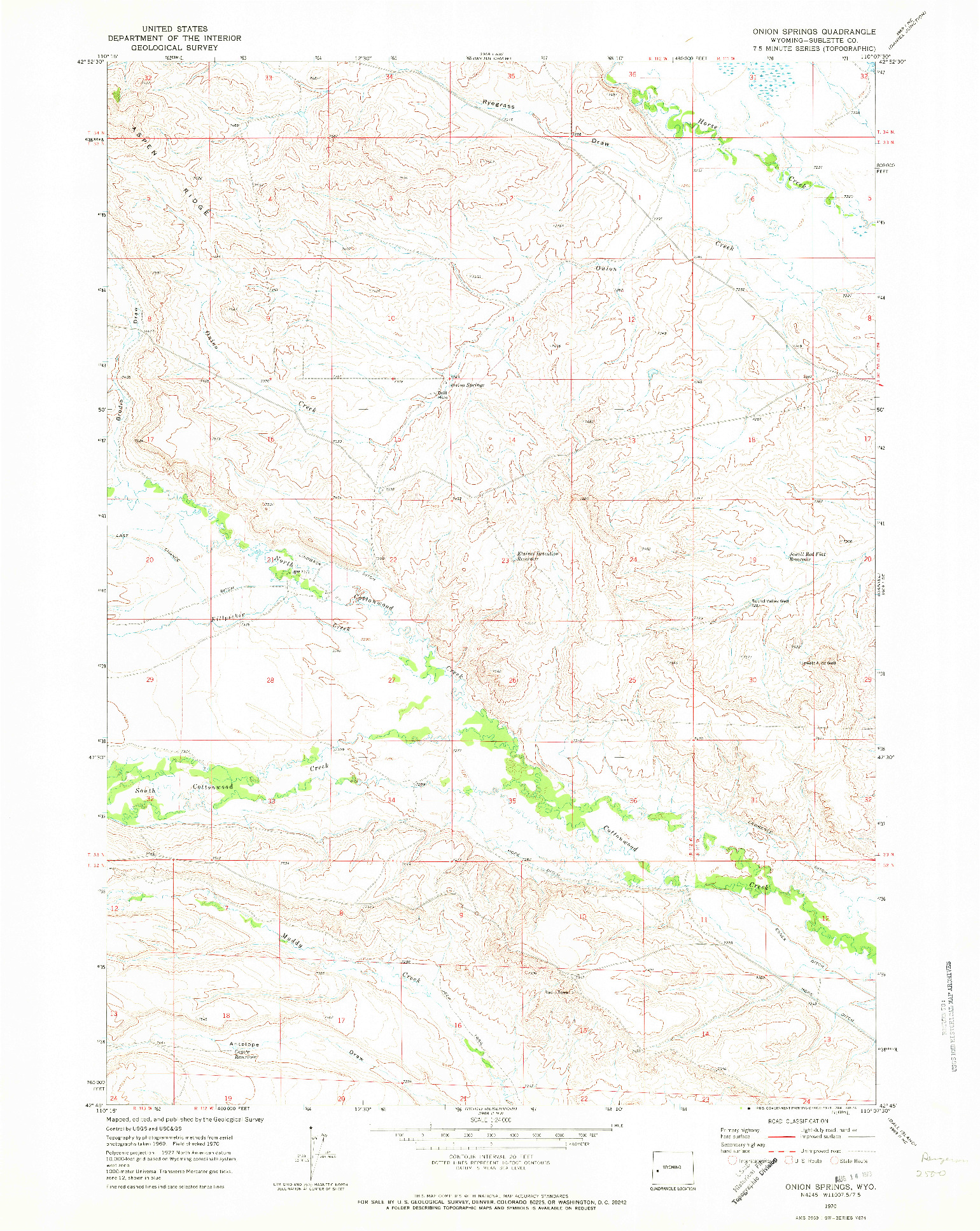 USGS 1:24000-SCALE QUADRANGLE FOR ONION SPRINGS, WY 1970