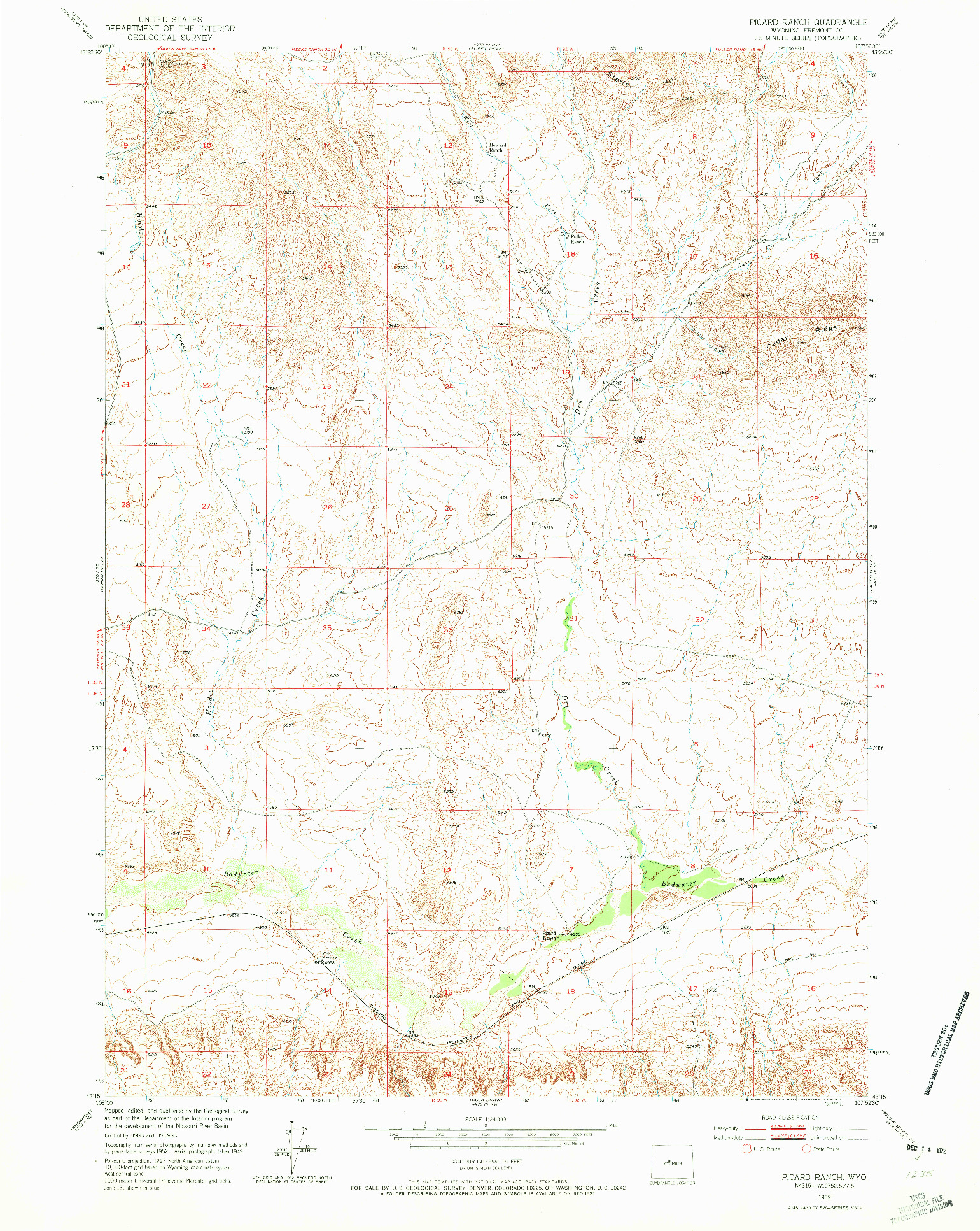 USGS 1:24000-SCALE QUADRANGLE FOR PICARD RANCH, WY 1952