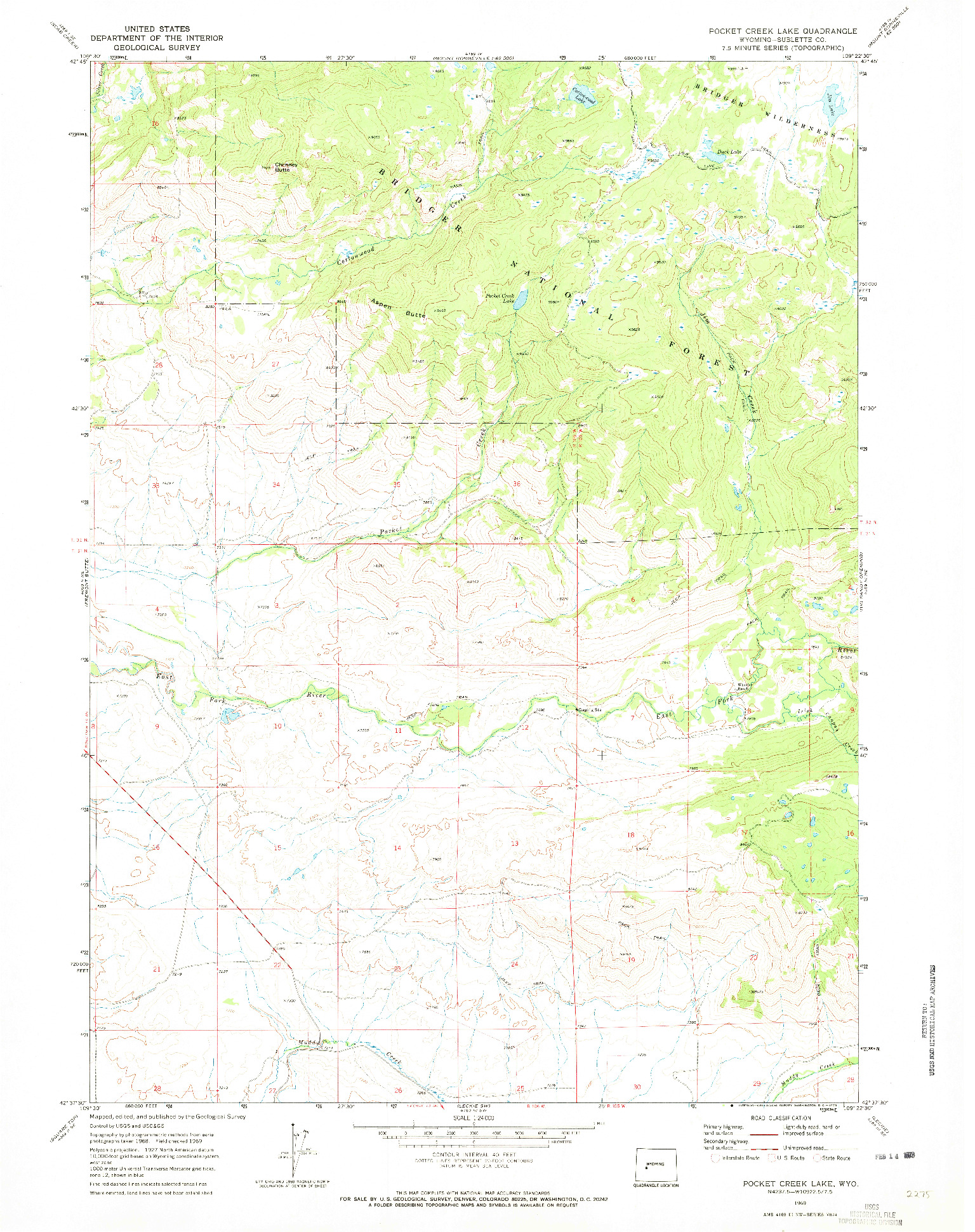 USGS 1:24000-SCALE QUADRANGLE FOR POCKET CREEK LAKE, WY 1969