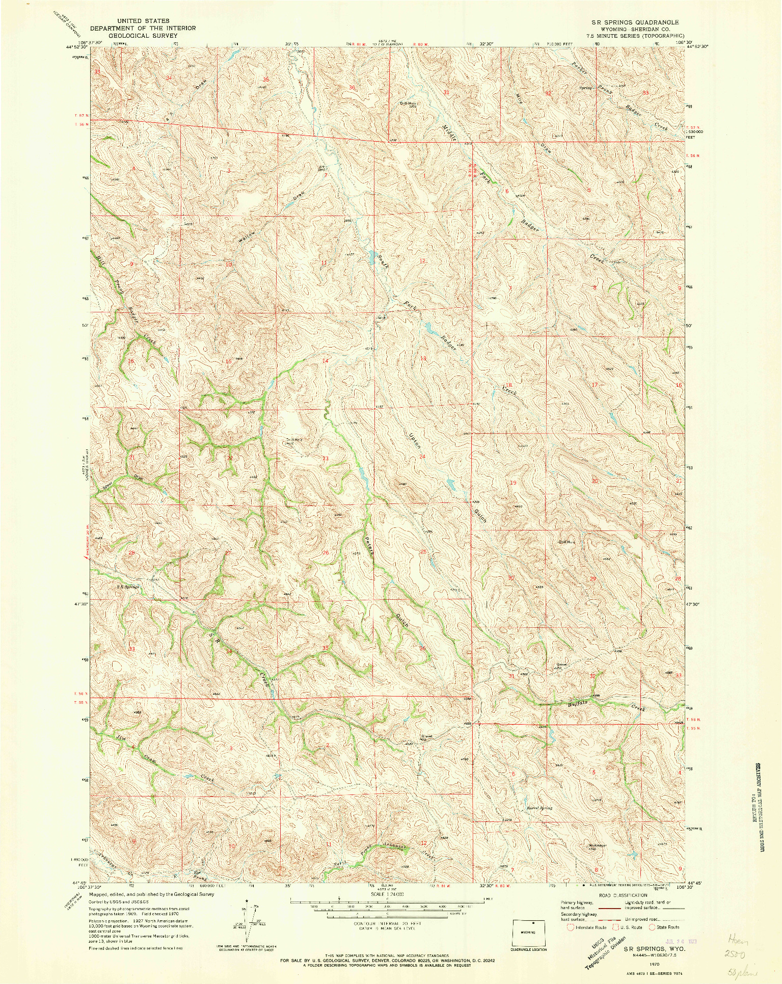 USGS 1:24000-SCALE QUADRANGLE FOR S R SPRINGS, WY 1970