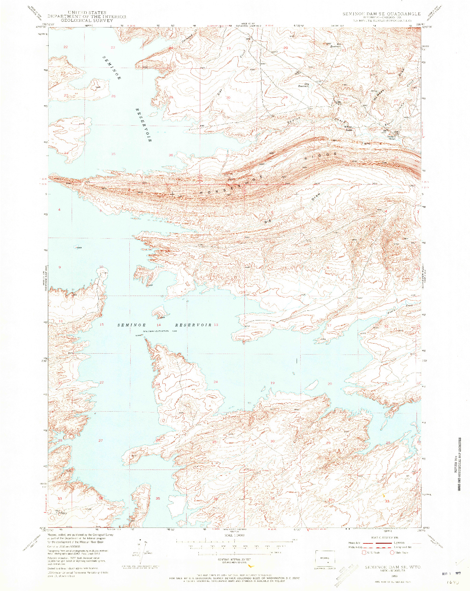 USGS 1:24000-SCALE QUADRANGLE FOR SEMINOE DAM SE, WY 1953