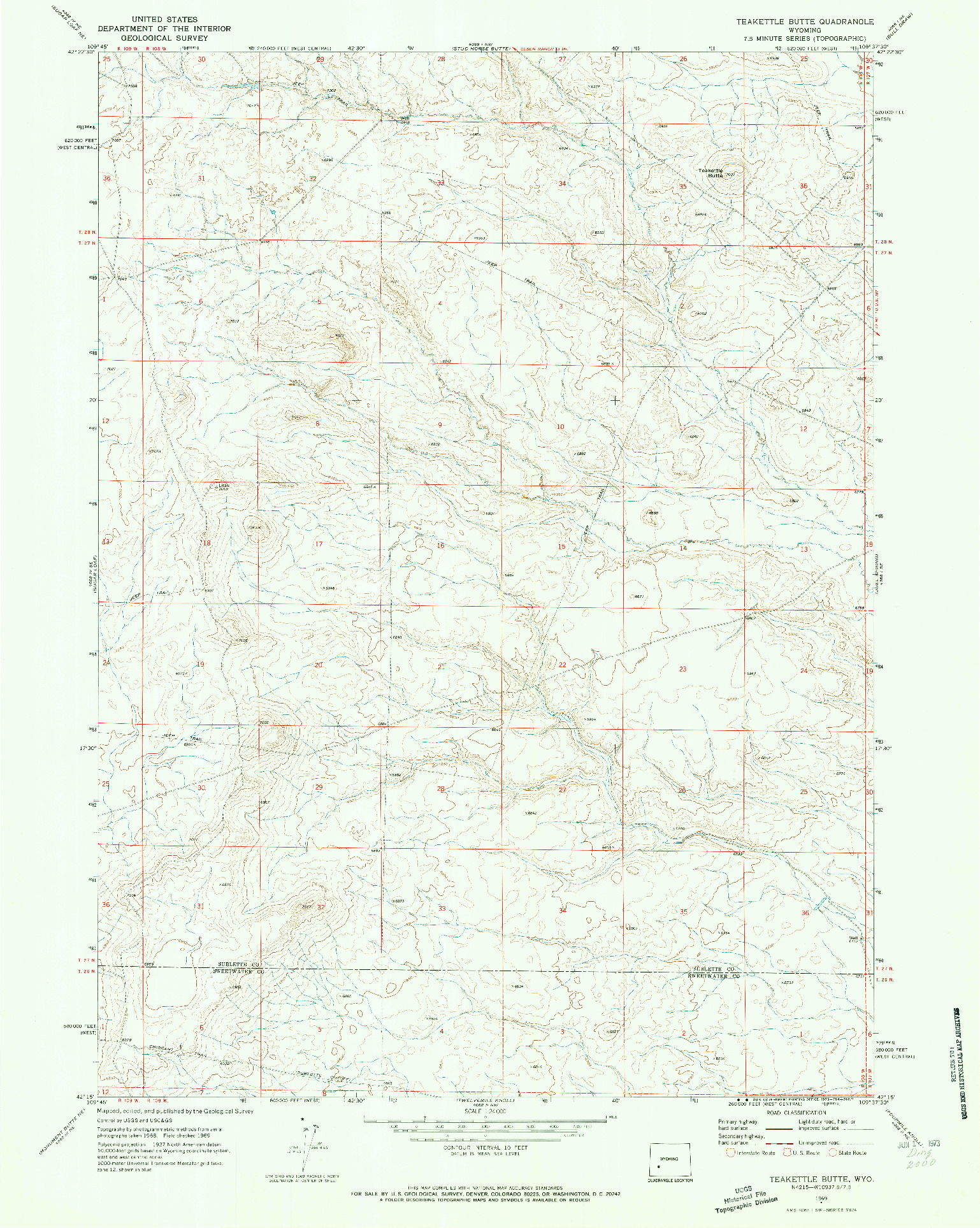 USGS 1:24000-SCALE QUADRANGLE FOR TEAKETTLE BUTTE, WY 1969