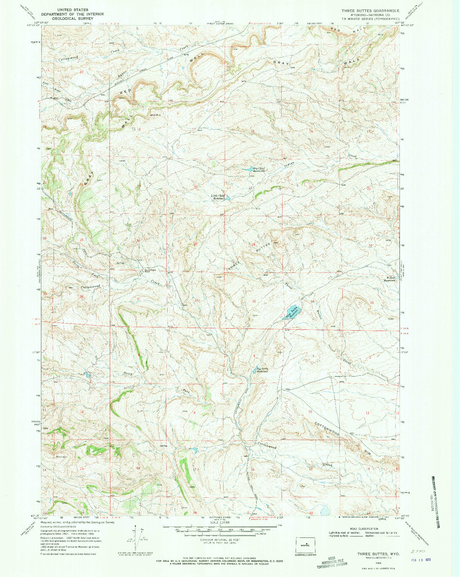 USGS 1:24000-SCALE QUADRANGLE FOR THREE BUTTES, WY 1968