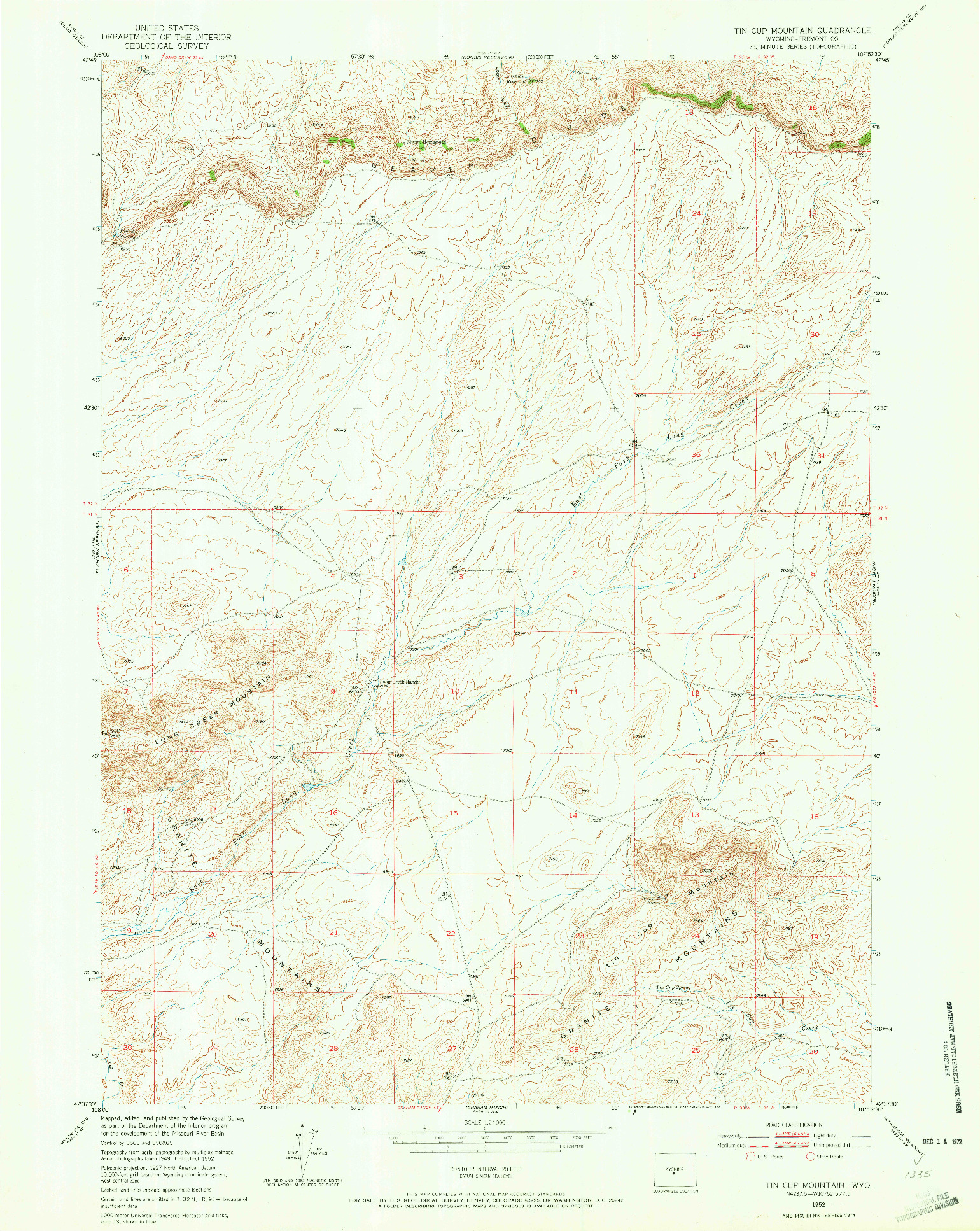 USGS 1:24000-SCALE QUADRANGLE FOR TIN CUP MOUNTAIN, WY 1952