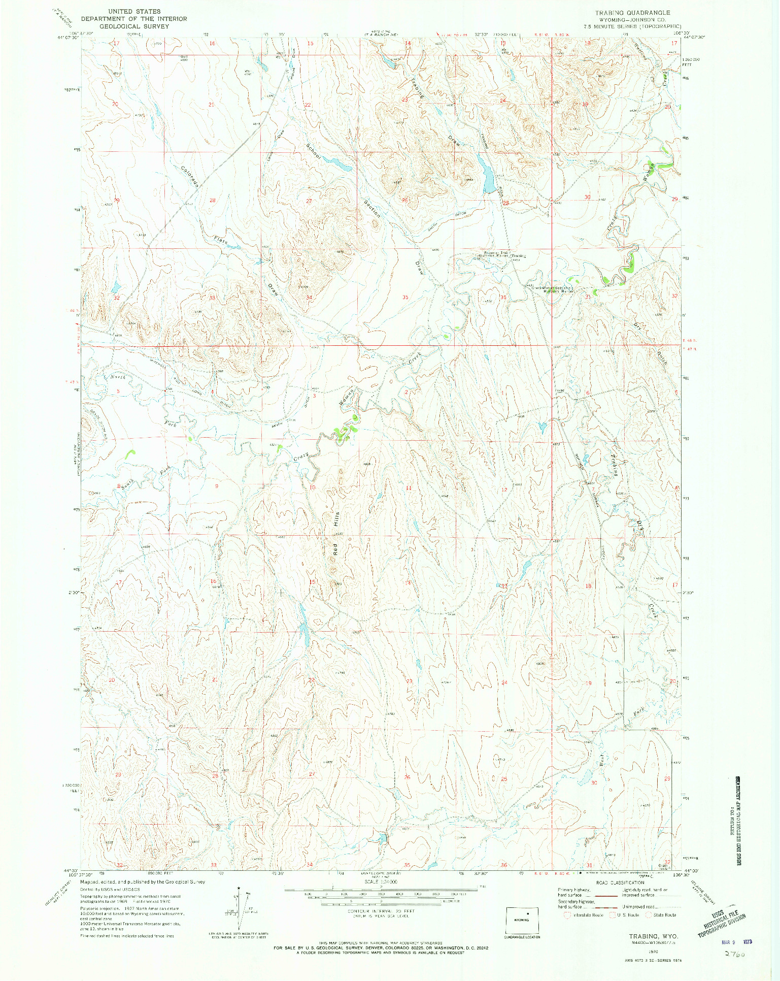 USGS 1:24000-SCALE QUADRANGLE FOR TRABING, WY 1970