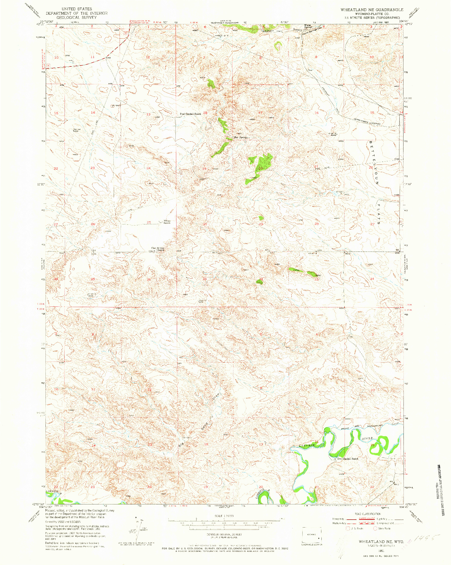 USGS 1:24000-SCALE QUADRANGLE FOR WHEATLAND NE, WY 1951