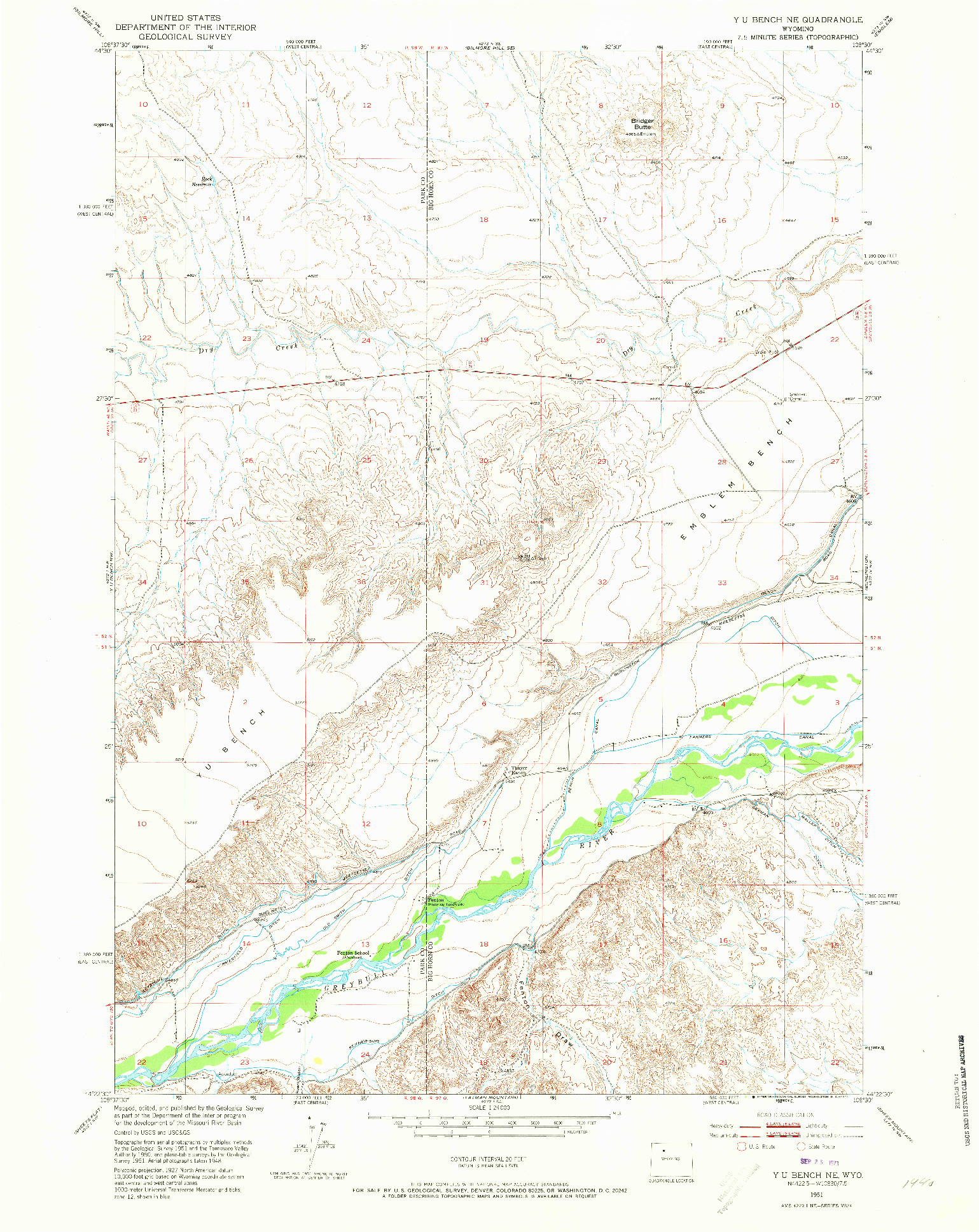 USGS 1:24000-SCALE QUADRANGLE FOR Y U BENCH NE, WY 1951