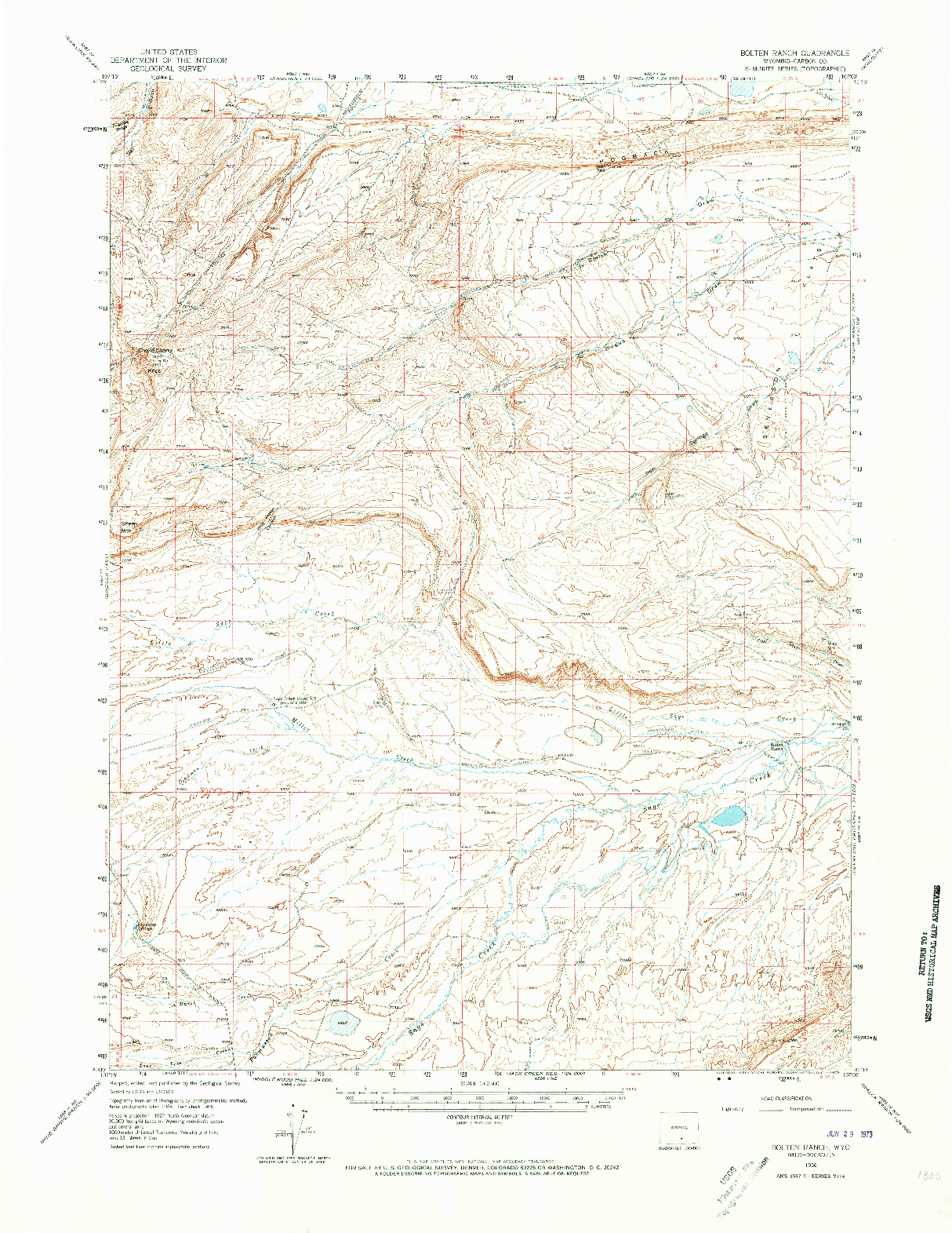 USGS 1:62500-SCALE QUADRANGLE FOR BOLTEN RANCH, WY 1956