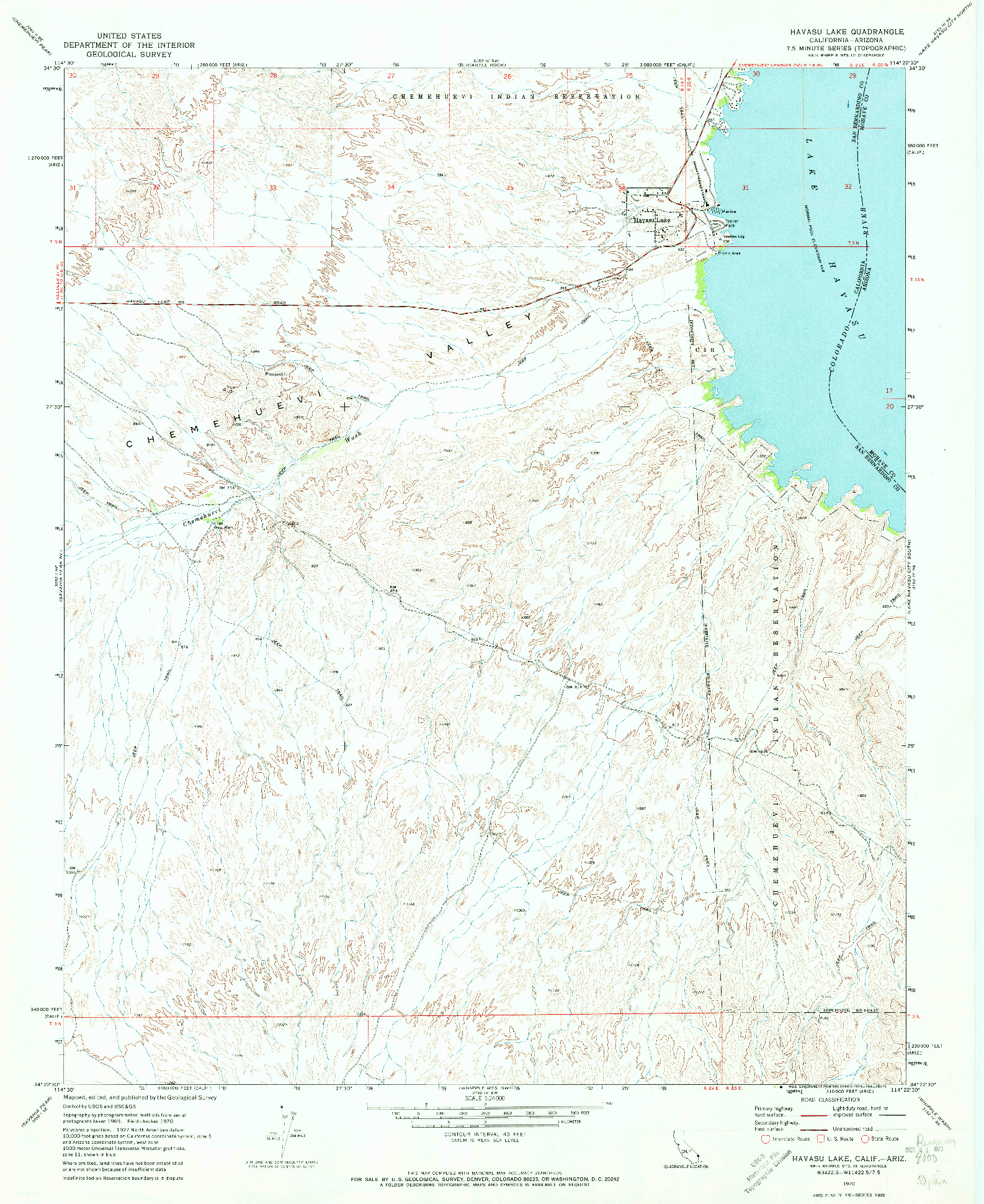 USGS 1:24000-SCALE QUADRANGLE FOR HAVASU LAKE, CA 1970