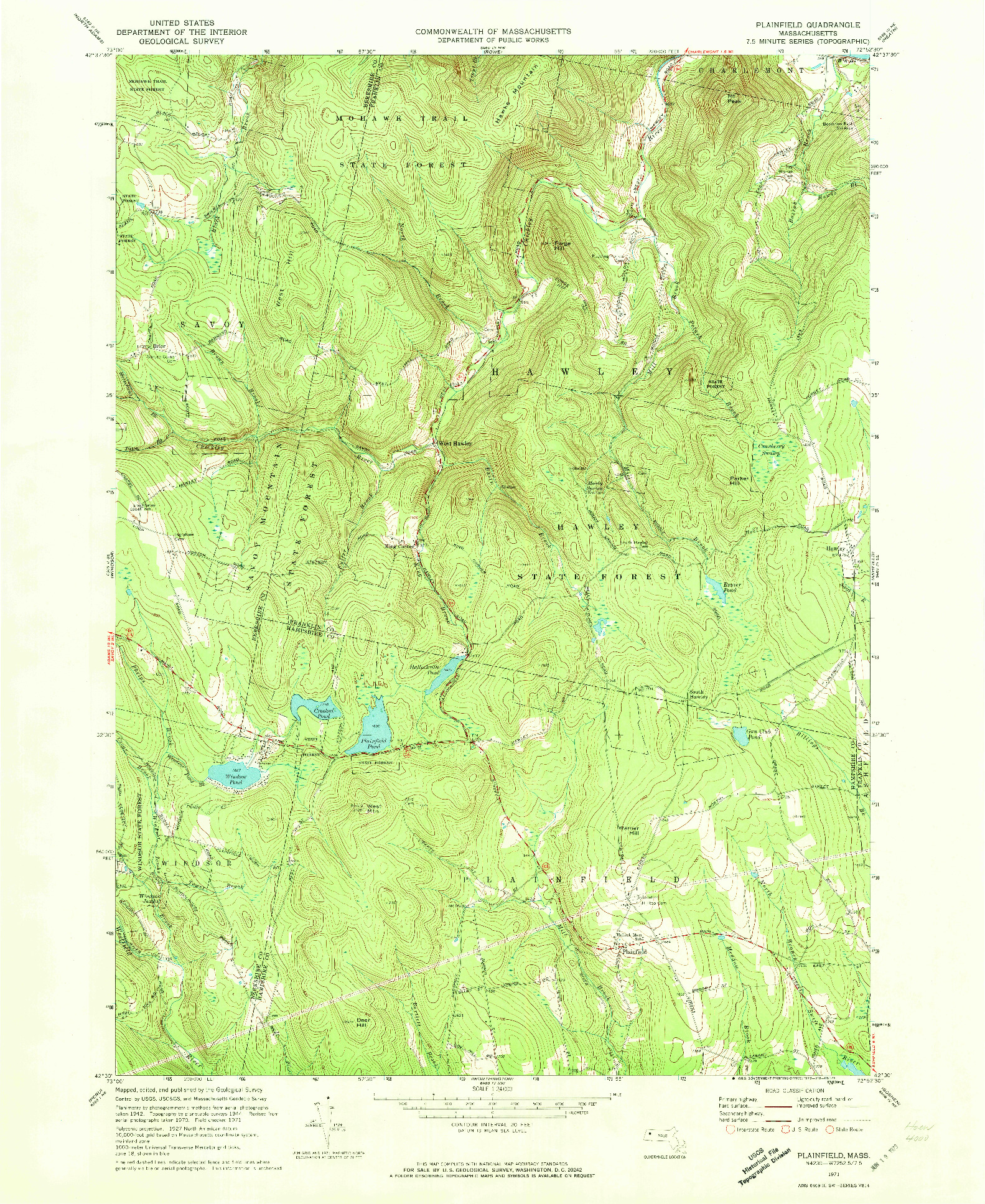 USGS 1:24000-SCALE QUADRANGLE FOR PLAINFIELD, MA 1971